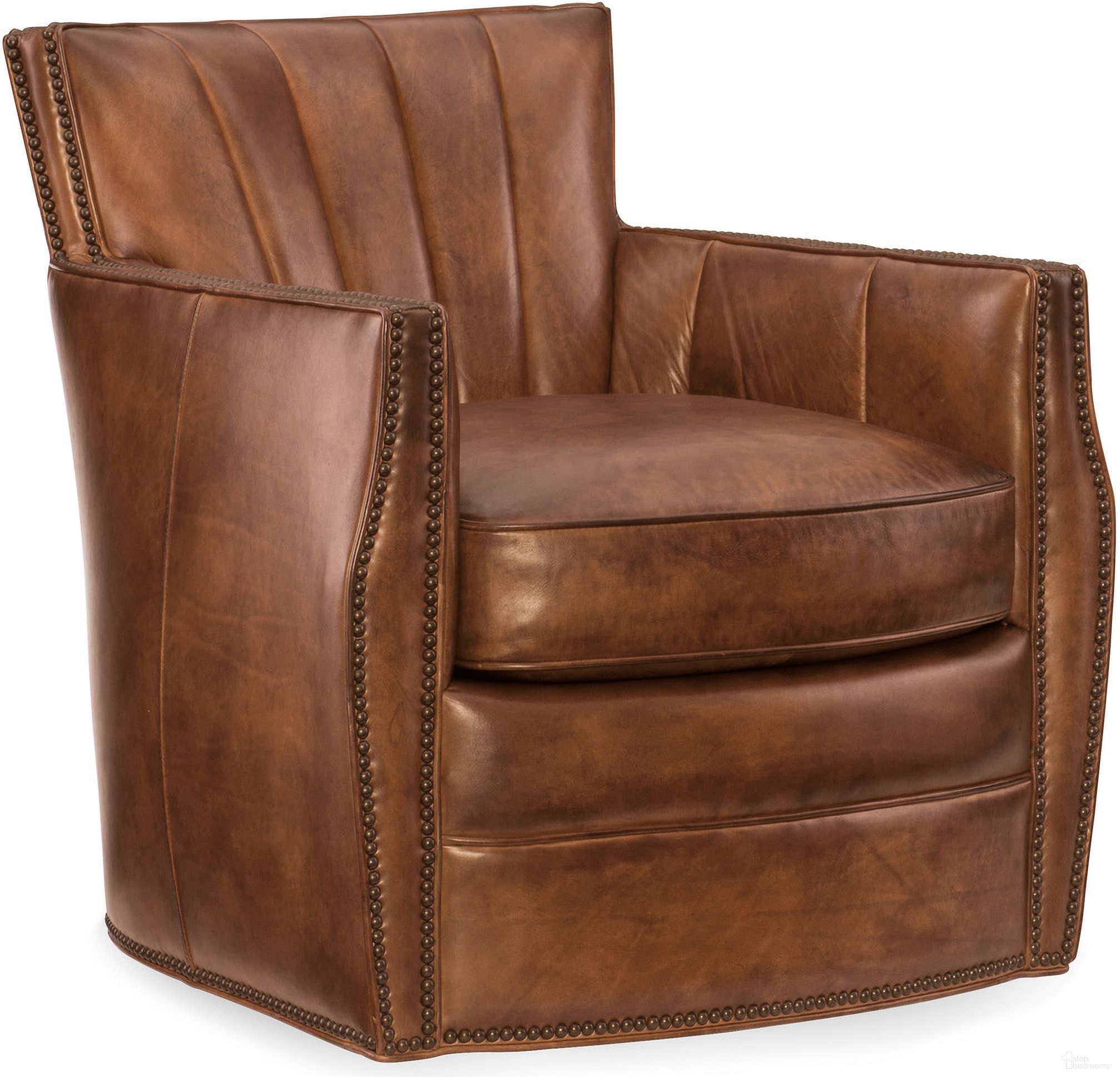 The appearance of CC Carson Checkmate Rook Leather Swivel Club Chair designed by Hooker in the transitional interior design. This brown piece of furniture was selected by 1StopBedrooms from CC Collection to add a touch of cosiness and style into your home. Sku: CC492-SW-086. Material: Leather.