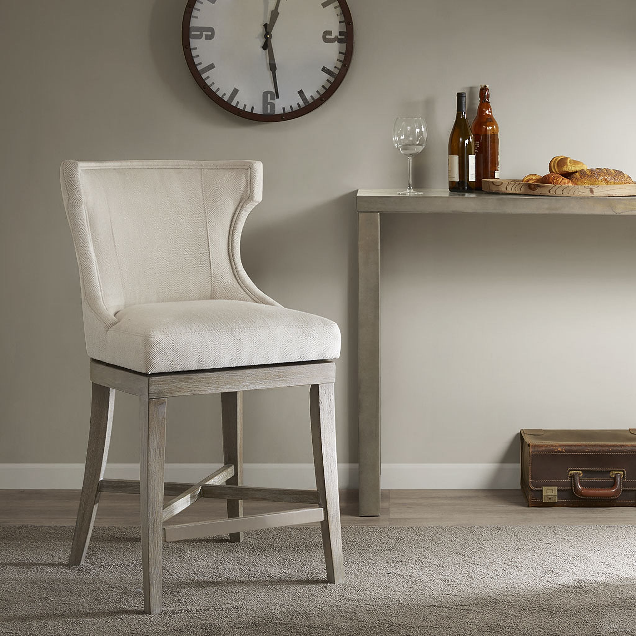 The appearance of Carson Counter Stool With Swivel Seat In Cream designed by Olliix in the transitional interior design. This cream piece of furniture  was selected by 1StopBedrooms from Carson Collection to add a touch of cosiness and style into your home. Sku: MP104-0512. Material: Wood.