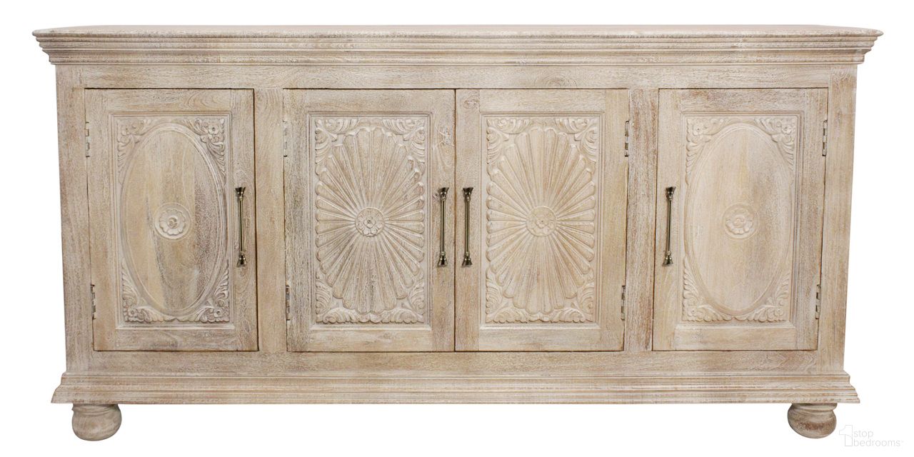 The appearance of Carter Solid Wood 4-Door Sideboard In Distressed White designed by Moti in the traditional interior design. This distressed white piece of furniture  was selected by 1StopBedrooms from Carter Collection to add a touch of cosiness and style into your home. Sku: 43009052. Material: Mango Wood.