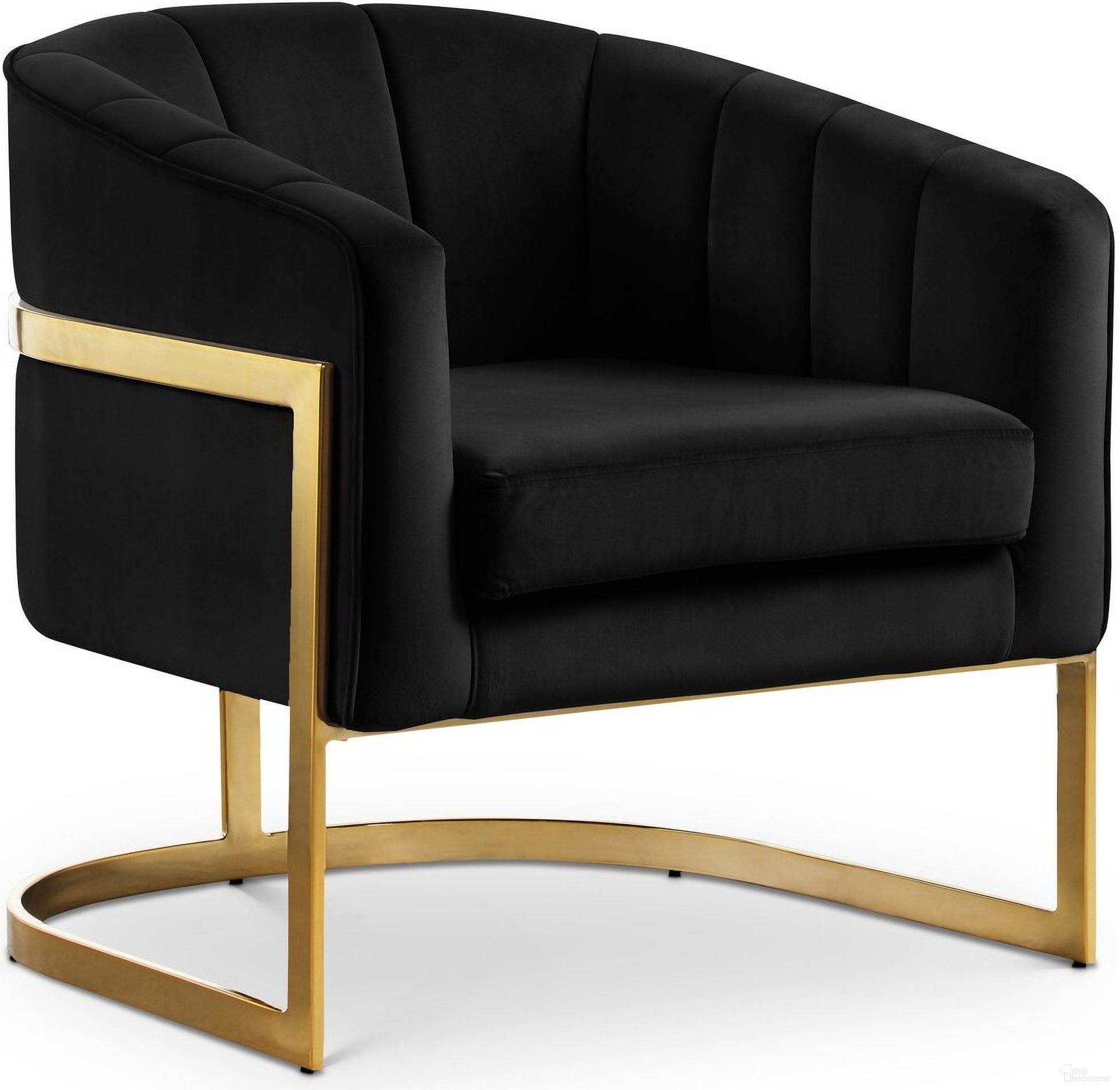 The appearance of Carter Velvet Accent Chair In Black designed by Meridian in the modern / contemporary interior design. This black piece of furniture was selected by 1StopBedrooms from Carter Collection to add a touch of cosiness and style into your home. Sku: 515Black. Material: Velvet.