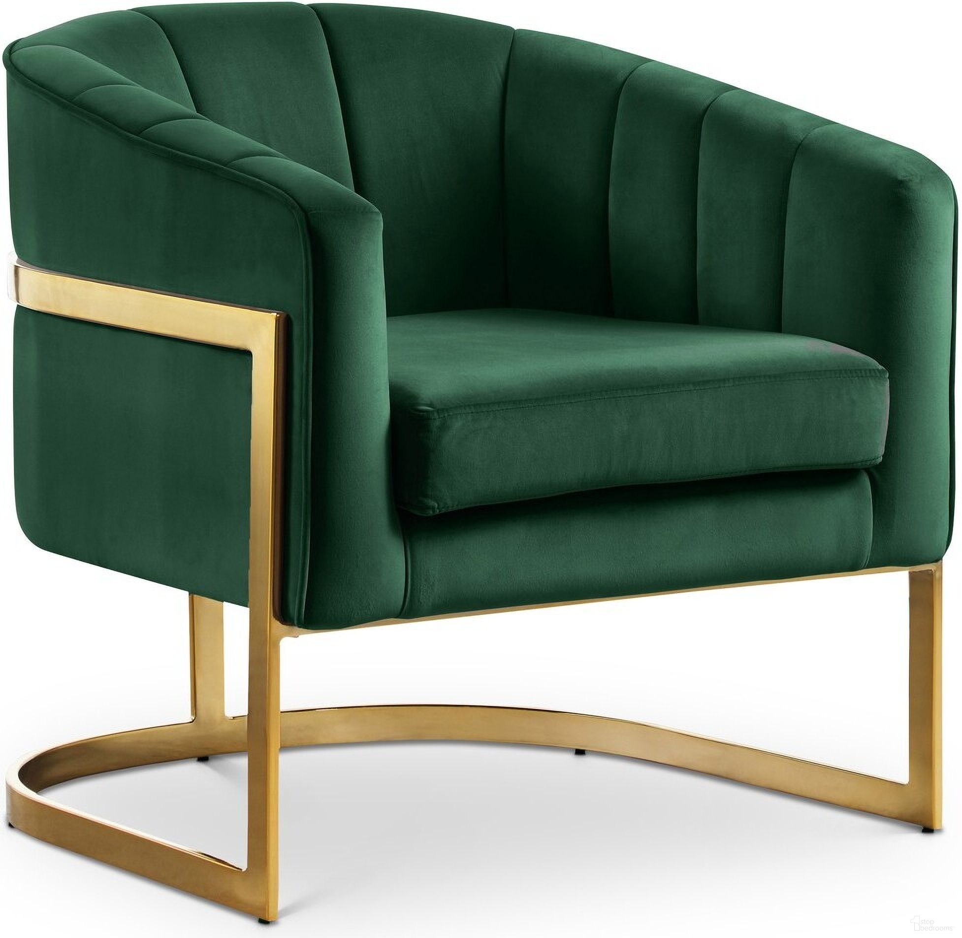 The appearance of Carter Velvet Accent Chair In Green designed by Meridian in the modern / contemporary interior design. This green piece of furniture  was selected by 1StopBedrooms from Carter Collection to add a touch of cosiness and style into your home. Sku: 515Green. Material: Velvet.