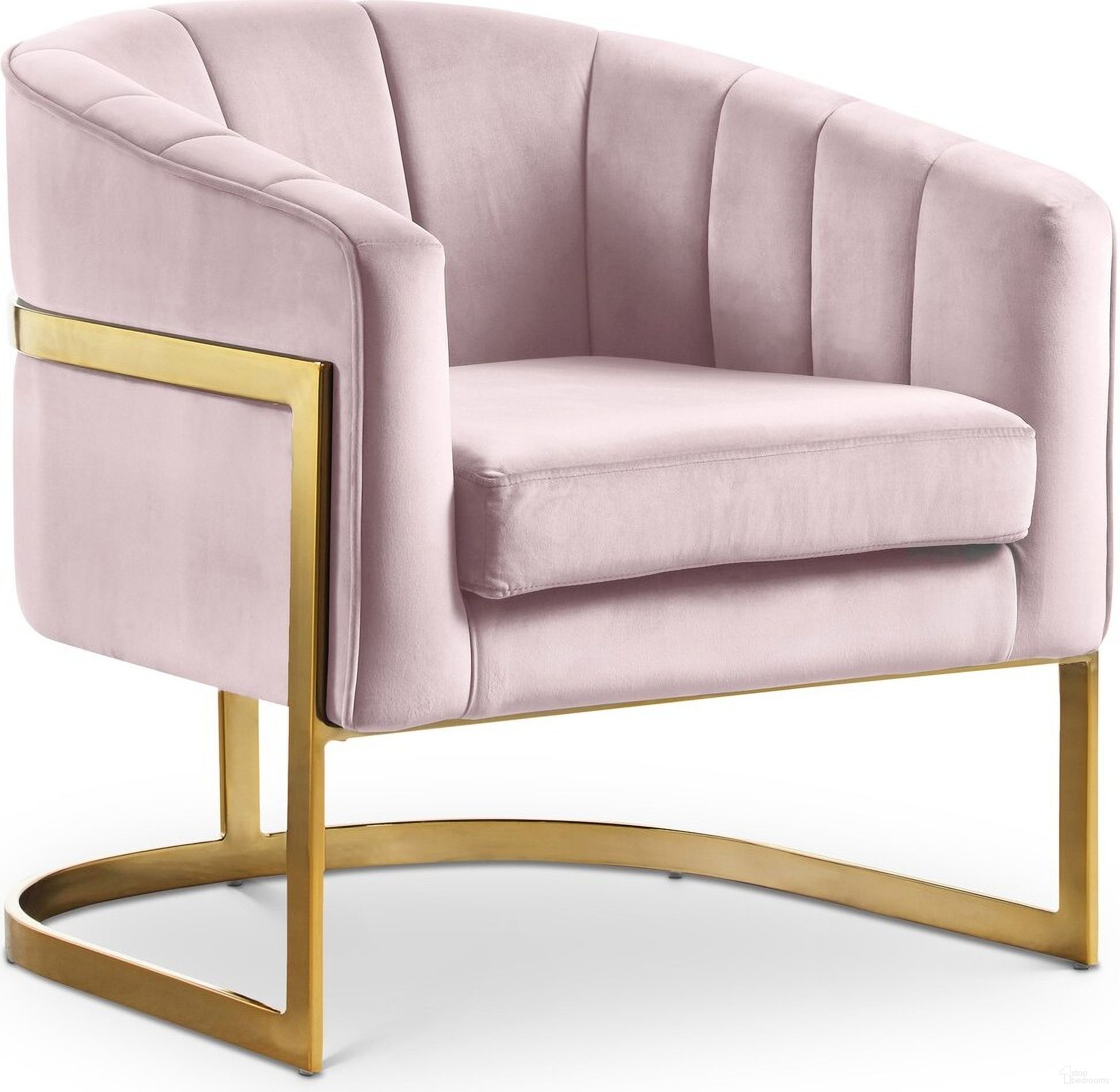 The appearance of Carter Velvet Accent Chair In Pink designed by Meridian in the modern / contemporary interior design. This pink piece of furniture  was selected by 1StopBedrooms from Carter Collection to add a touch of cosiness and style into your home. Sku: 515Pink. Material: Velvet.