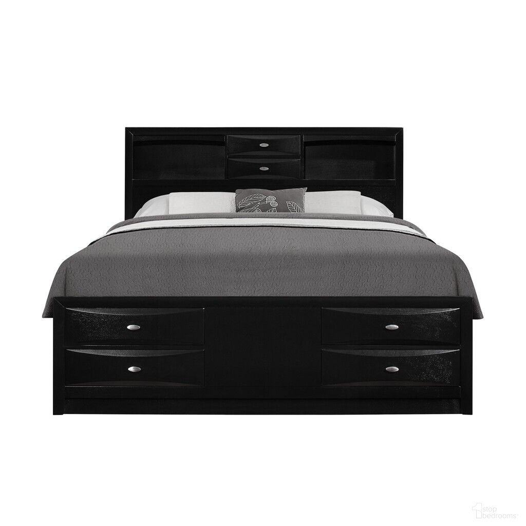 Carved Abstract Solid Wood King Bed Frame with Drawers In Black