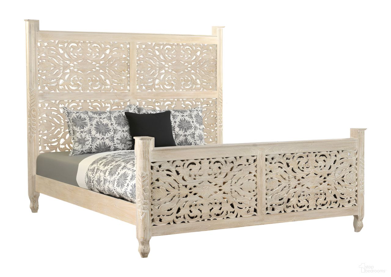 Carved Floral Distressed Solid Wood King Bed Frame In White