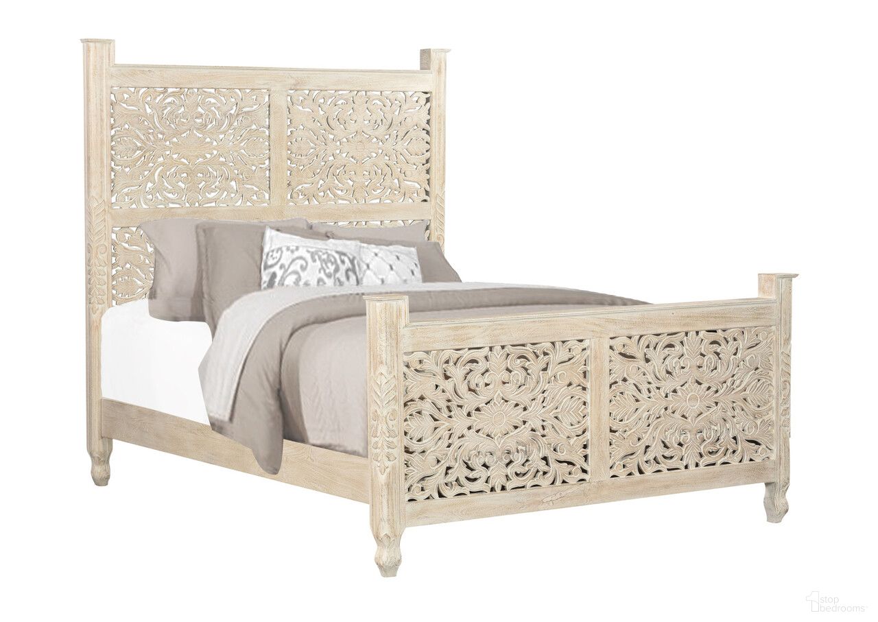 Carved Floral Distressed Solid Wood Queen Bed Frame In White