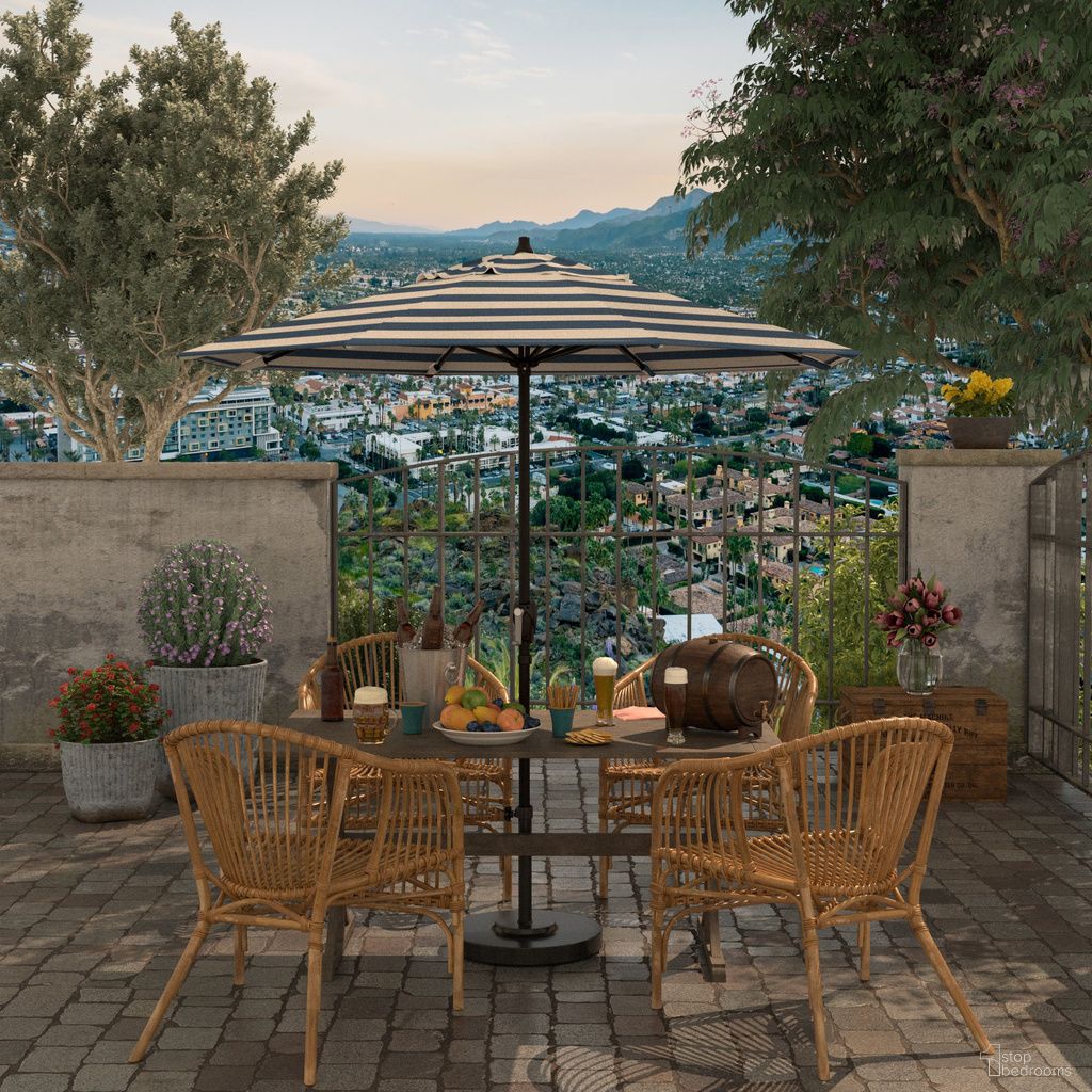 Casa 7.5' Patio Umbrella with Aluminum Pole Ribs Auto Tilt Crank Lift with Sunbrella Fabric In Cabana Regatta and Bronze