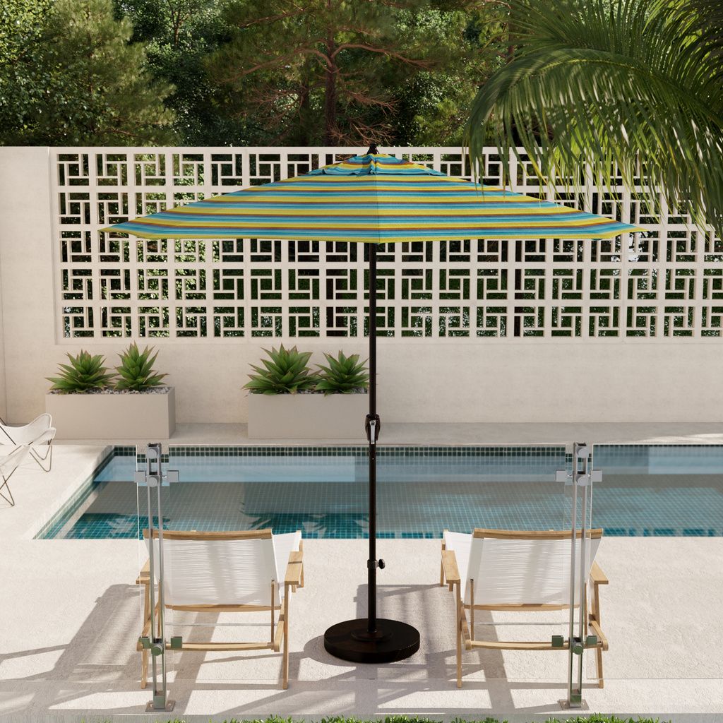 Casa 9' Patio Umbrella with Aluminum Pole Ribs Auto Tilt Crank Lift with Sunbrella Fabric In Astoria Lagoon and Bronze