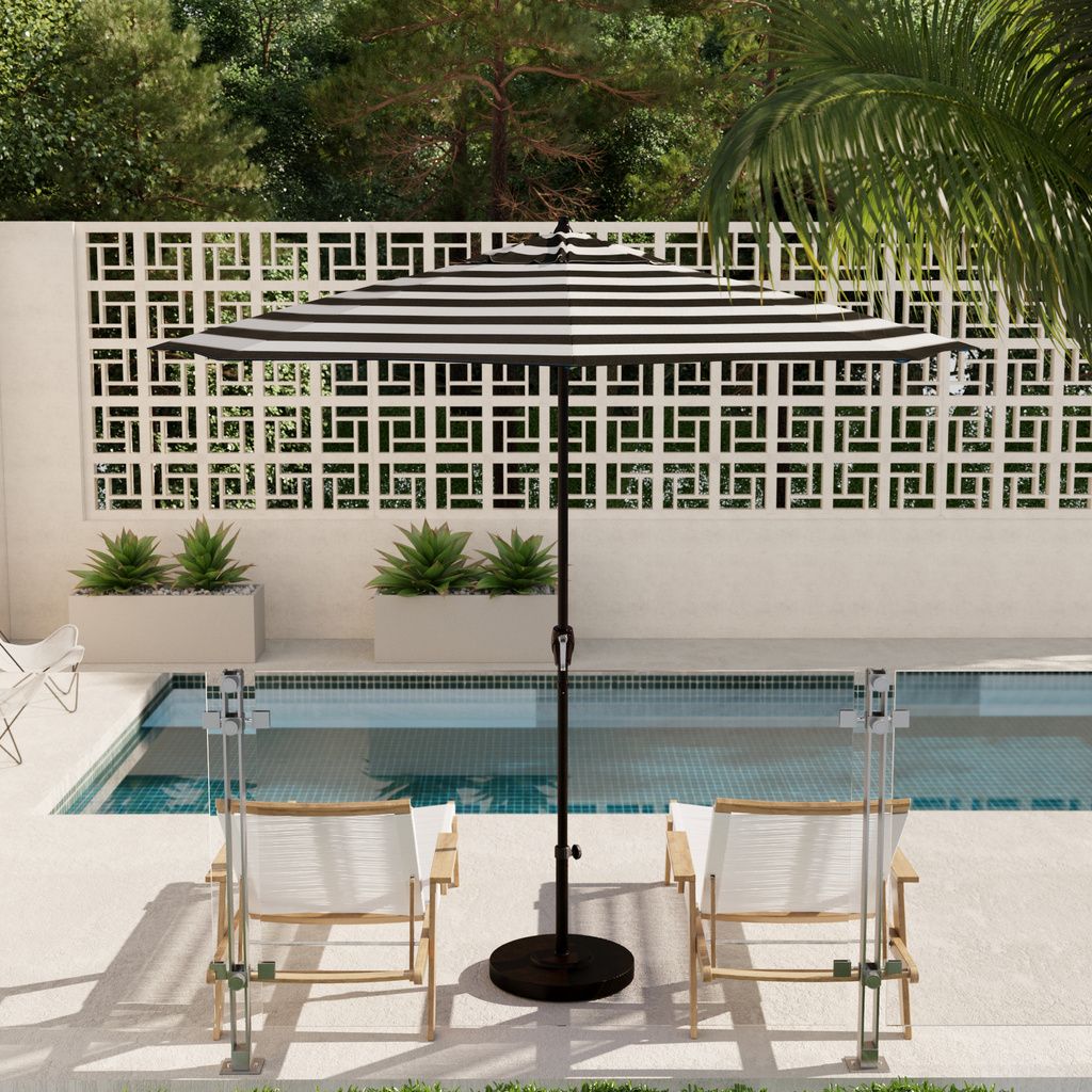 Casa 9' Patio Umbrella with Aluminum Pole Ribs Auto Tilt Crank Lift with Sunbrella Fabric In Cabana Classic and Bronze