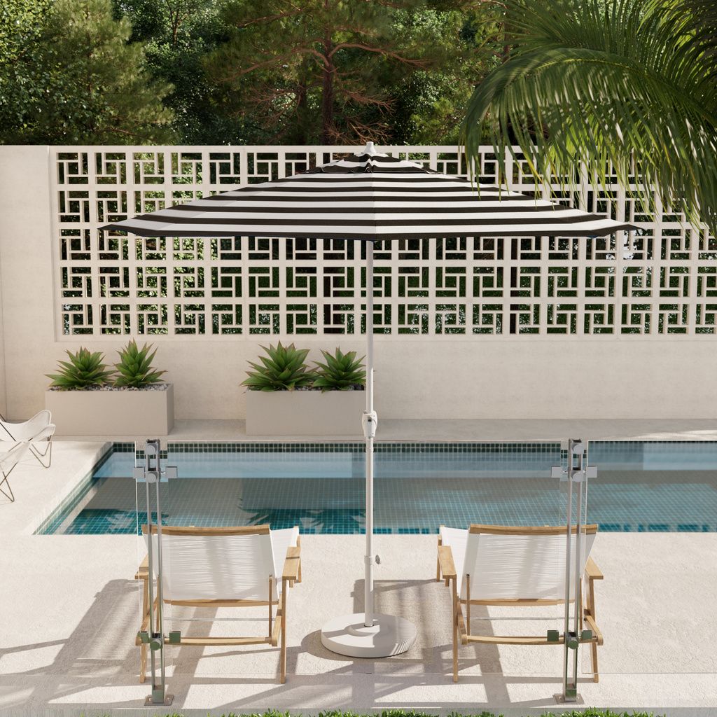 Casa 9' Patio Umbrella with Aluminum Pole Ribs Auto Tilt Crank Lift with Sunbrella Fabric In Cabana Classic and Matte White
