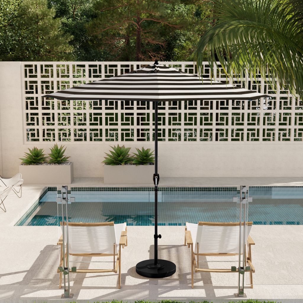 Casa 9' Patio Umbrella with Aluminum Pole Ribs Auto Tilt Crank Lift with Sunbrella Fabric In Cabana Classic and Stone Black