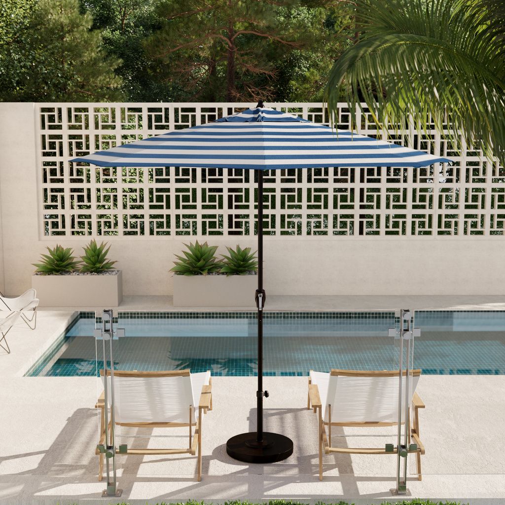 Casa 9' Patio Umbrella with Aluminum Pole Ribs Auto Tilt Crank Lift with Sunbrella Fabric In Cabana Regatta and Bronze