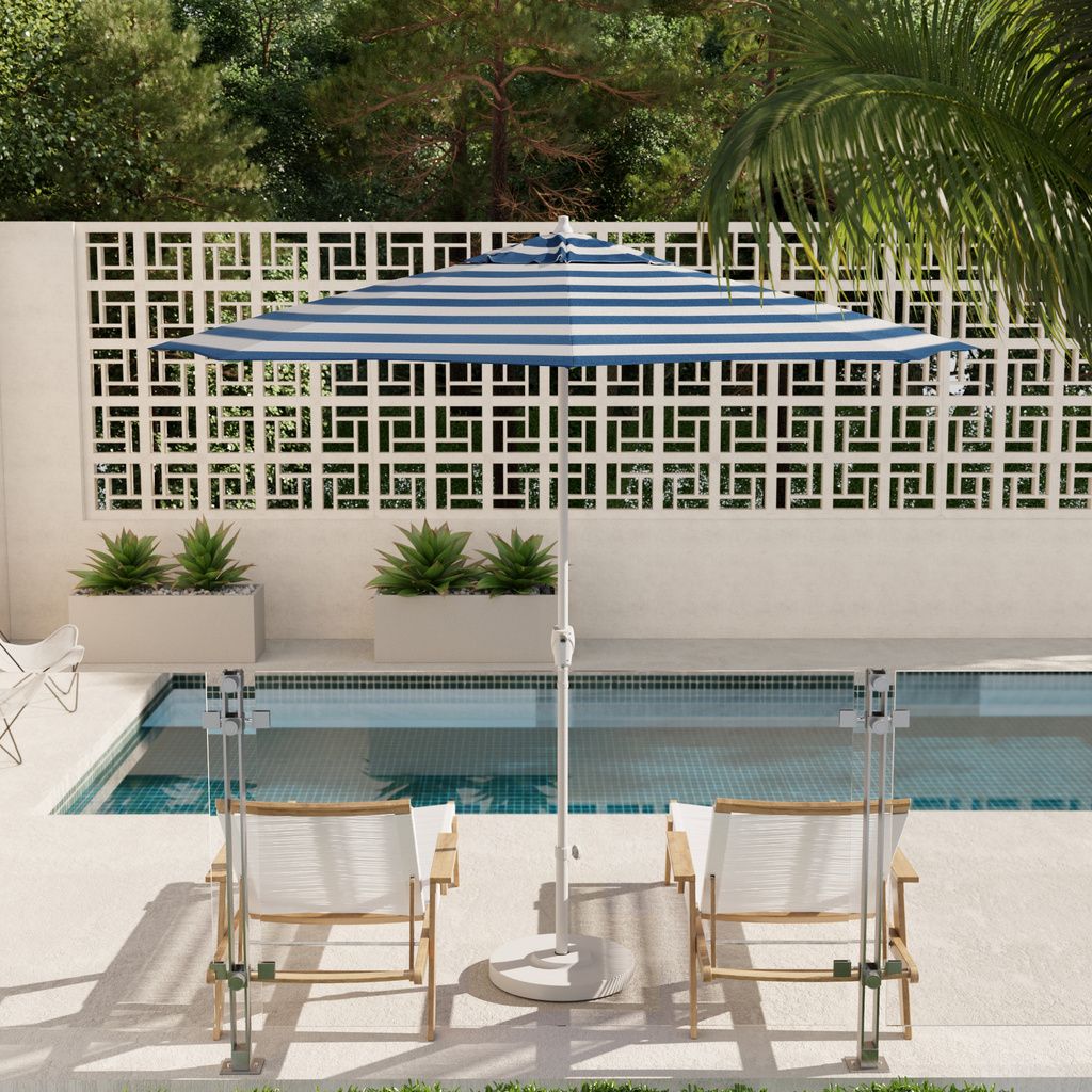 Casa 9' Patio Umbrella with Aluminum Pole Ribs Auto Tilt Crank Lift with Sunbrella Fabric In Cabana Regatta and Matte White