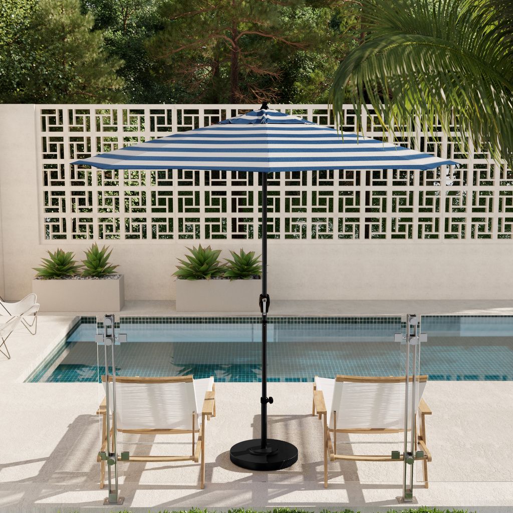 Casa 9' Patio Umbrella with Aluminum Pole Ribs Auto Tilt Crank Lift with Sunbrella Fabric In Cabana Regatta and Stone Black