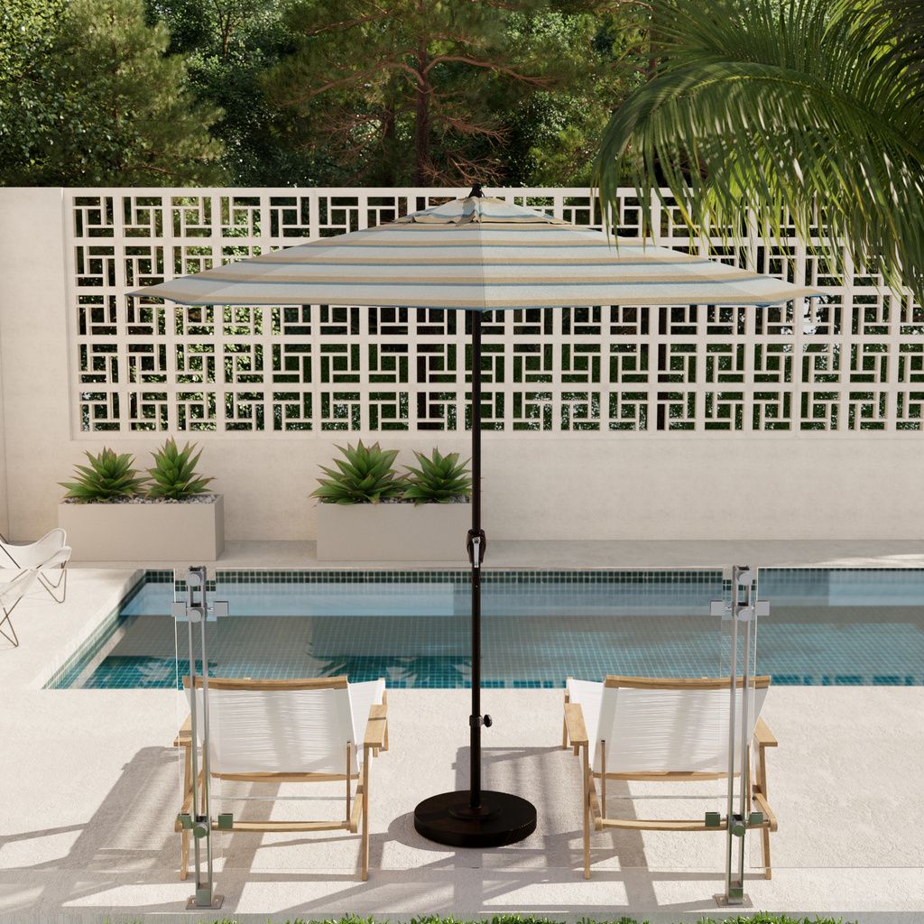 Casa 9' Patio Umbrella with Aluminum Pole Ribs Auto Tilt Crank Lift with Sunbrella Fabric In Gateway Mist and Bronze