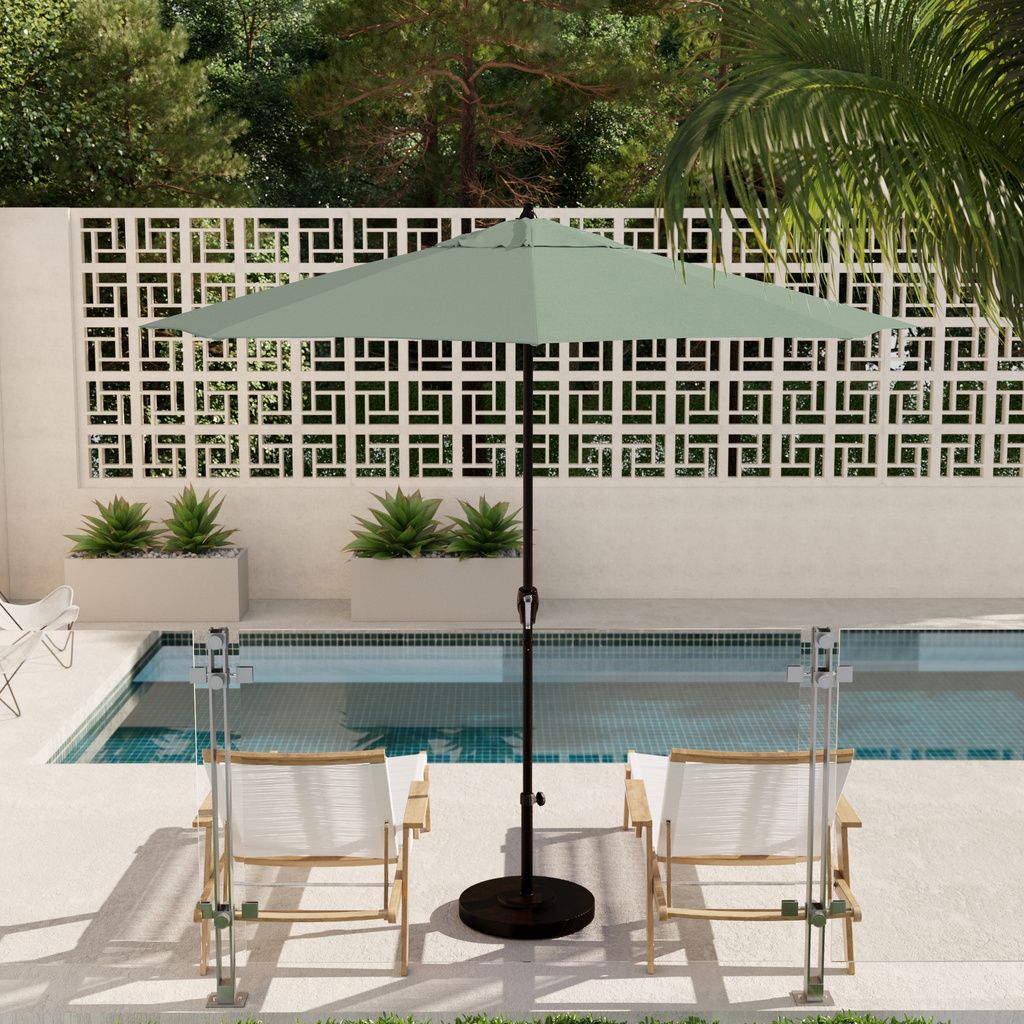 Casa 9' Patio Umbrella with Aluminum Pole Ribs Auto Tilt Crank Lift with Sunbrella Fabric In Spectrum Mist and Bronze