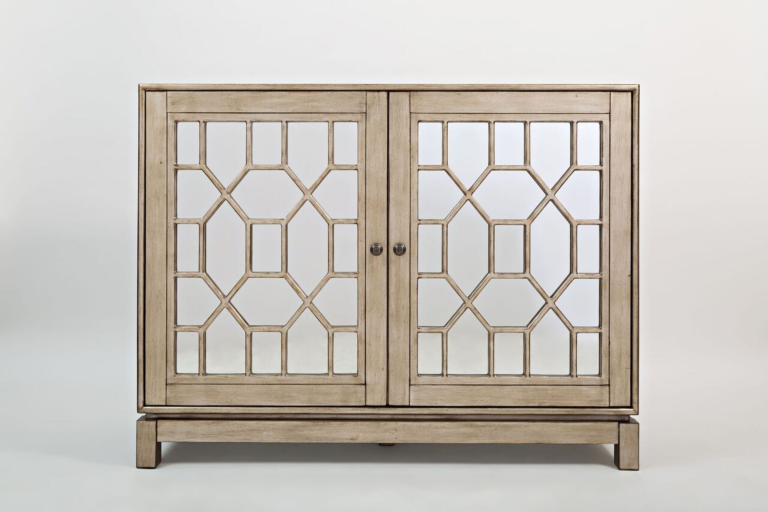 The appearance of Casa Bella 50 Inch Mirrored Console 2 Door Storage Cabinet In Vintage Silver designed by Jofran in the traditional interior design. This vintage silver piece of furniture  was selected by 1StopBedrooms from Casa Bella Collection to add a touch of cosiness and style into your home. Sku: 1550-50. Material: Acacia.
