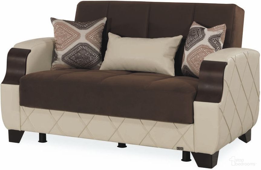 The appearance of Casamode Molina Dark Brown Cream Loveseat designed by Casamode in the modern / contemporary interior design. This cream piece of furniture  was selected by 1StopBedrooms from Molina Collection to add a touch of cosiness and style into your home. Sku: MOL-LS-DBN. Material: Microsuede.