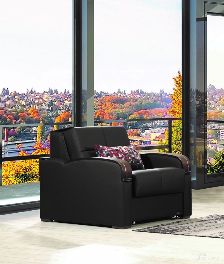 The appearance of Casamode Sleep Plus Black PU Chair Sleeper designed by Casamode in the modern / contemporary interior design. This black piece of furniture was selected by 1StopBedrooms from Sleep Plus Collection to add a touch of cosiness and style into your home. Sku: SLP-C-BLK-PU. Material: Leather.