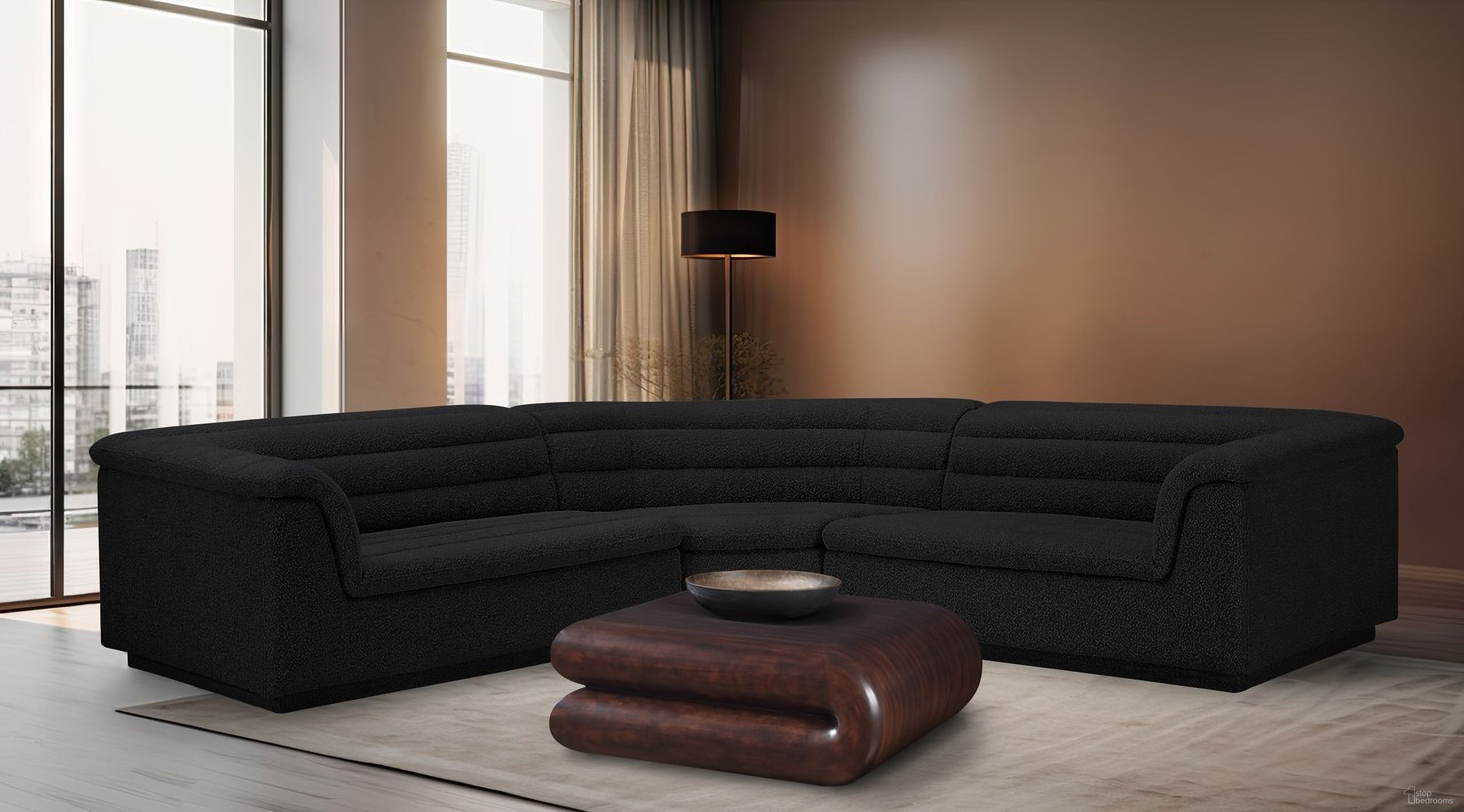 The appearance of Cascade Boucle Fabric Modular Sectional In Black designed by Meridian in the modern / contemporary interior design. This black piece of furniture  was selected by 1StopBedrooms from Cascade Collection to add a touch of cosiness and style into your home. Sku: 193Black-Left;193Black-Right;193Black-Corner. Layout: Modular. Material: Boucle.