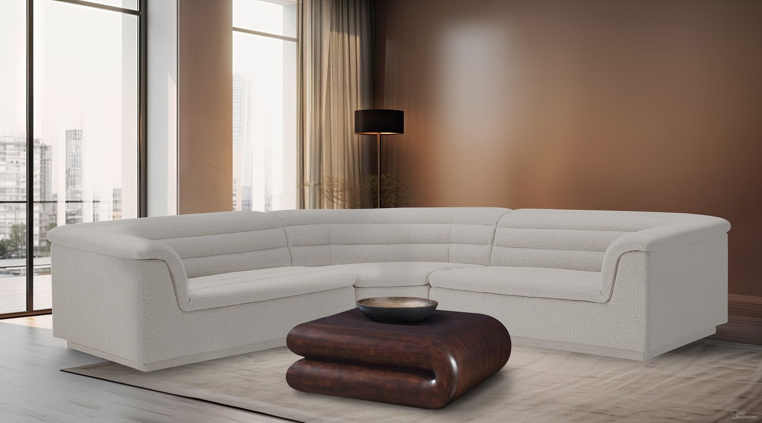 The appearance of Cascade Boucle Fabric Modular Sectional In Cream designed by Meridian in the modern / contemporary interior design. This cream piece of furniture was selected by 1StopBedrooms from Cascade Collection to add a touch of cosiness and style into your home. Sku: 193Cream-Left;193Cream-Right;193Cream-Corner. Layout: Modular. Material: Boucle.