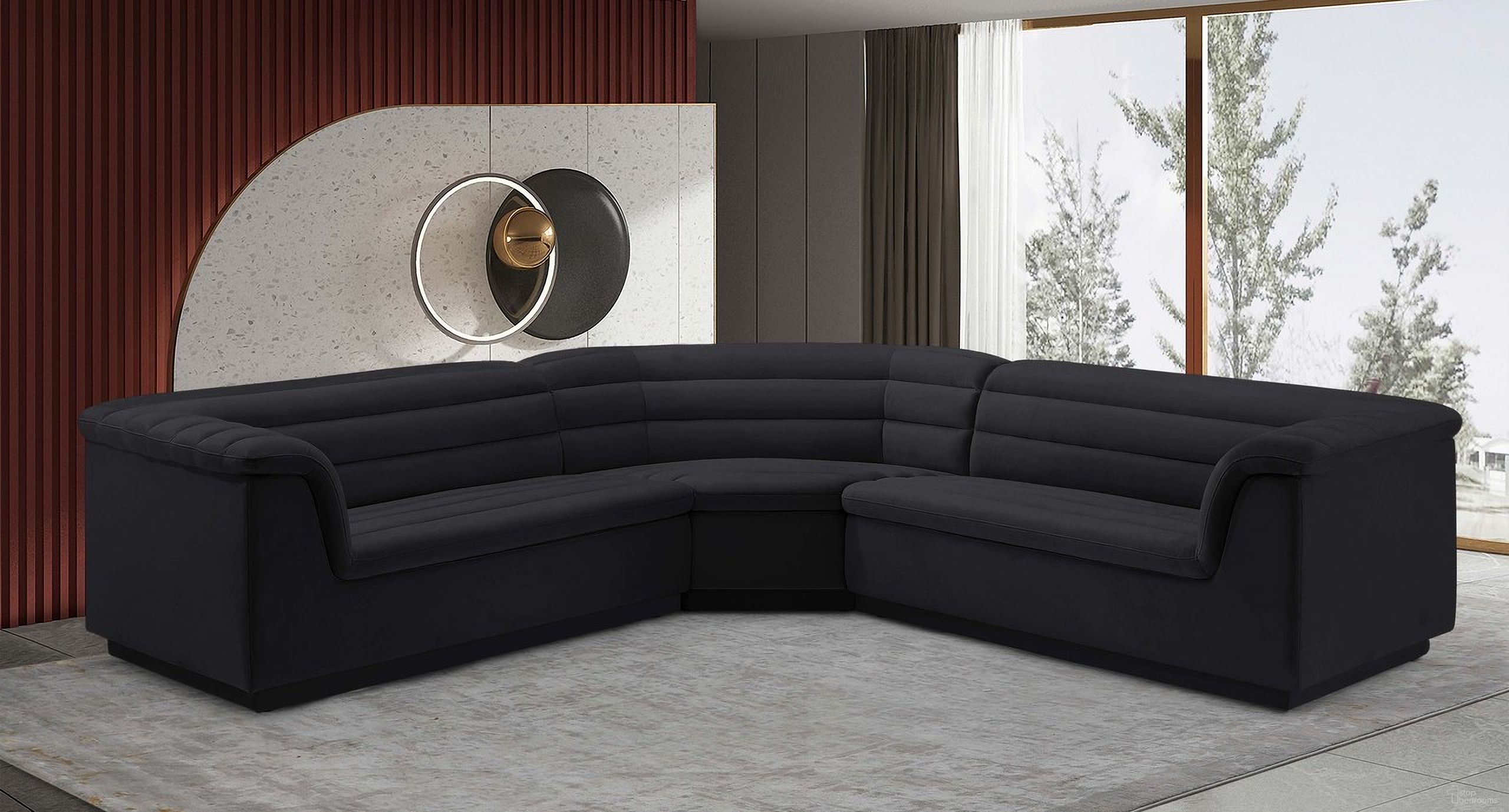 The appearance of Cascade Fabric Modular Sectional In Black Velvet designed by Meridian in the modern / contemporary interior design. This black piece of furniture was selected by 1StopBedrooms from Cascade Collection to add a touch of cosiness and style into your home. Sku: 194Black-Left;194Black-Right;194Black-Corner. Material: Velvet. Layout: Modular.