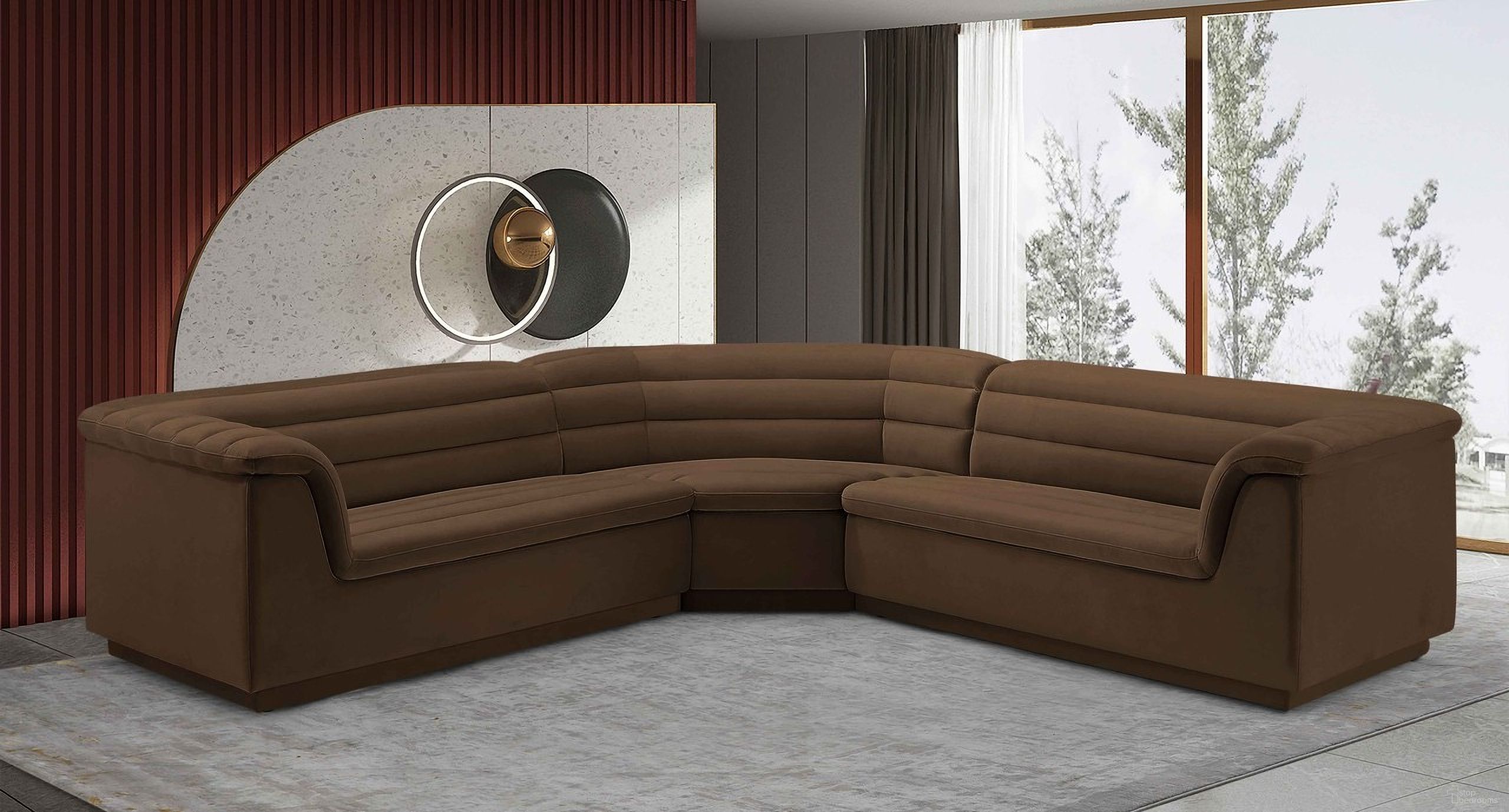 The appearance of Cascade Fabric Modular Sectional In Brown Velvet designed by Meridian in the modern / contemporary interior design. This brown piece of furniture was selected by 1StopBedrooms from Cascade Collection to add a touch of cosiness and style into your home. Sku: 194Brown-Left;194Brown-Right;194Brown-Corner. Material: Velvet. Layout: Modular.