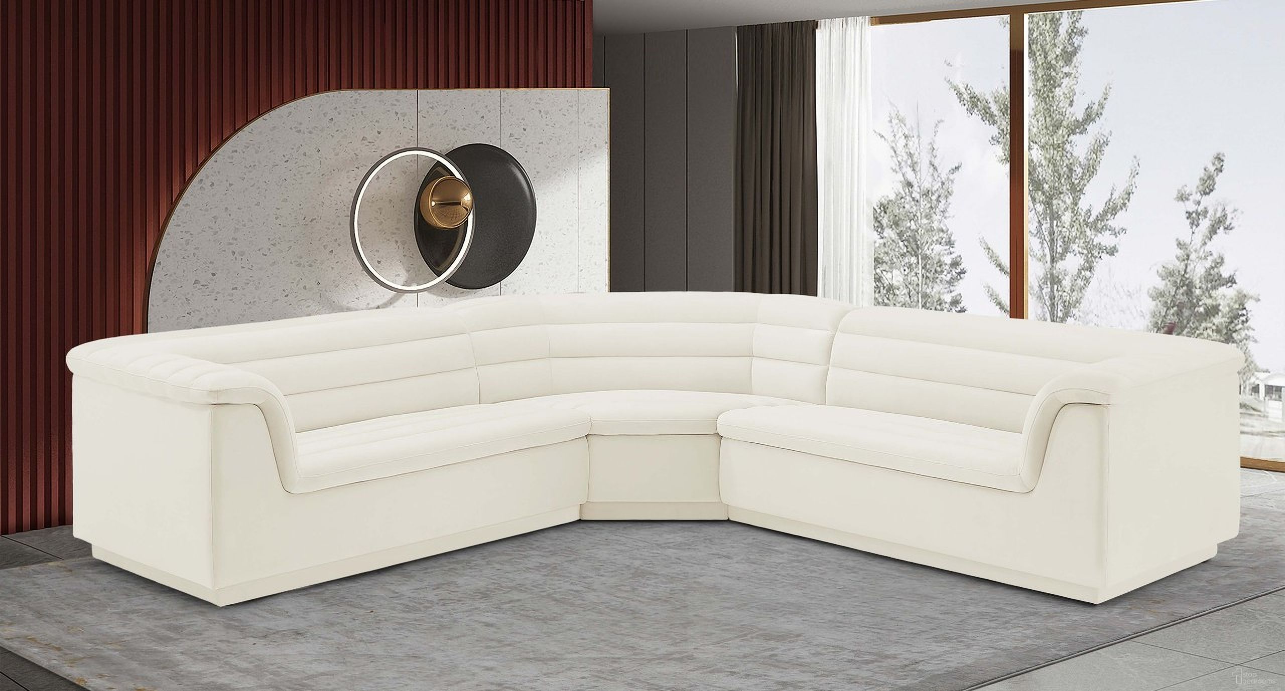 The appearance of Cascade Fabric Modular Sectional In Cream Velvet designed by Meridian in the modern / contemporary interior design. This cream piece of furniture was selected by 1StopBedrooms from Cascade Collection to add a touch of cosiness and style into your home. Sku: 194Cream-Left;194Cream-Right;194Cream-Corner. Material: Wood. Layout: Modular.