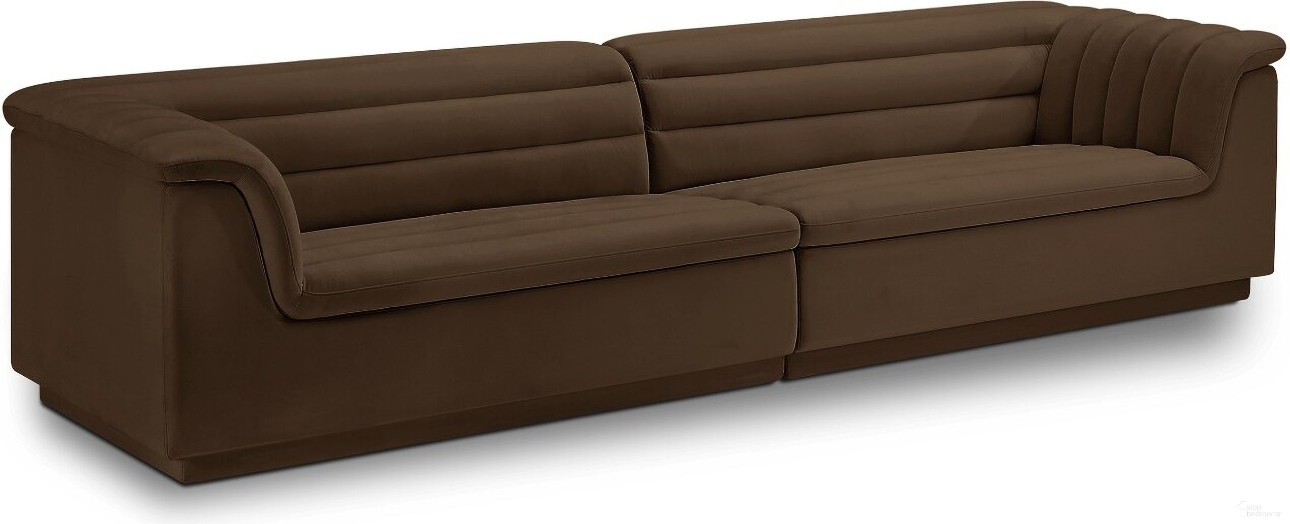 The appearance of Cascade Fabric Modular Sofa In Brown Velvet designed by Meridian in the modern / contemporary interior design. This brown piece of furniture was selected by 1StopBedrooms from Cascade Collection to add a touch of cosiness and style into your home. Sku: 194Brown-Left;194Brown-Right. Material: Velvet.