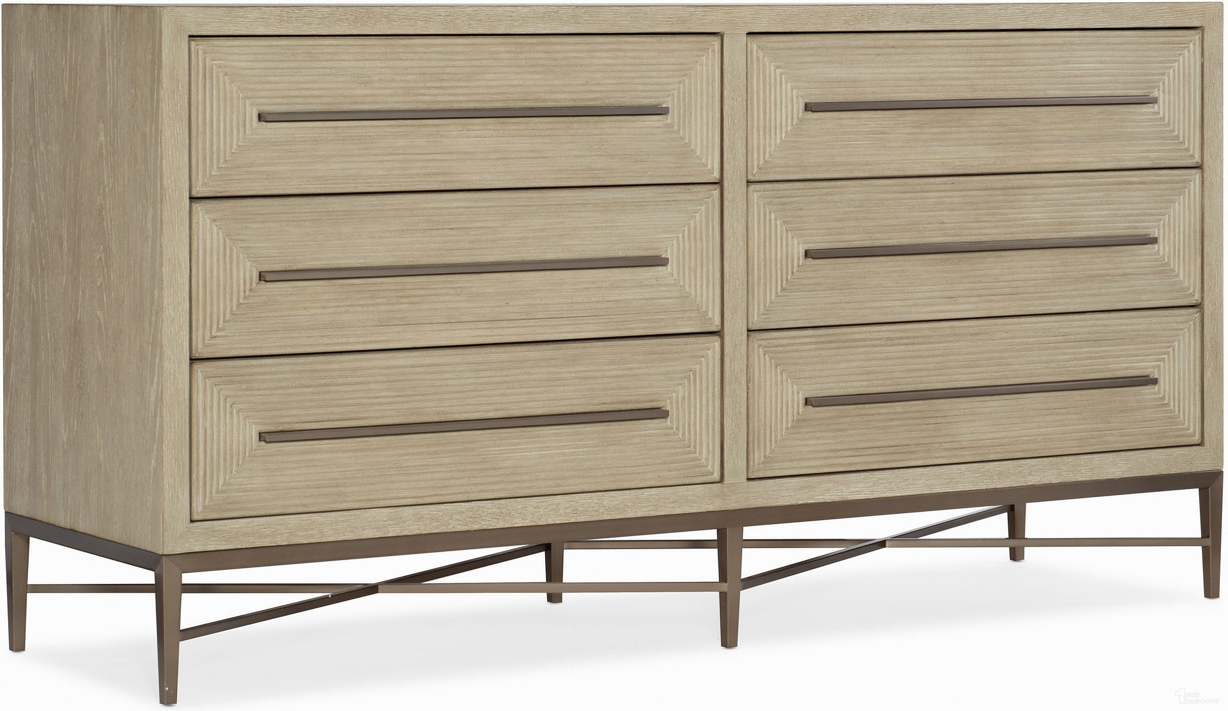The appearance of Cascade Six-Drawer Dresser 6120-90202-80 designed by Hooker in the transitional interior design. This light wood piece of furniture was selected by 1StopBedrooms from Cascade Collection to add a touch of cosiness and style into your home. Sku: 6120-90202-80. Material: Oak Veneer.