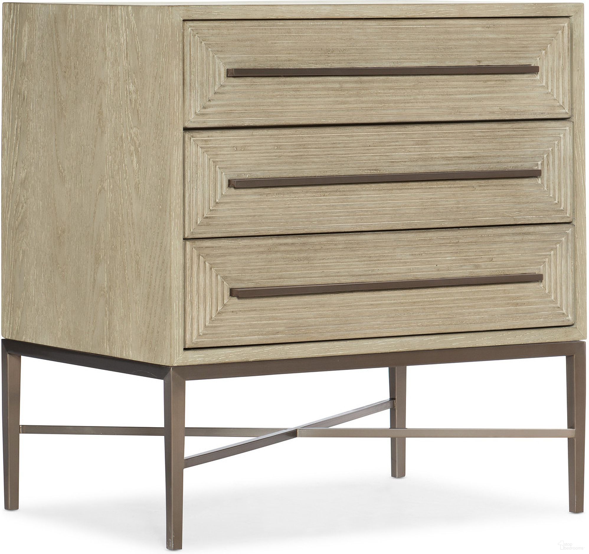 The appearance of Cascade Three-Drawer Nightstand designed by Hooker in the transitional interior design. This light wood piece of furniture was selected by 1StopBedrooms from Cascade Collection to add a touch of cosiness and style into your home. Sku: 6120-90115-80. Material: Oak Veneer.