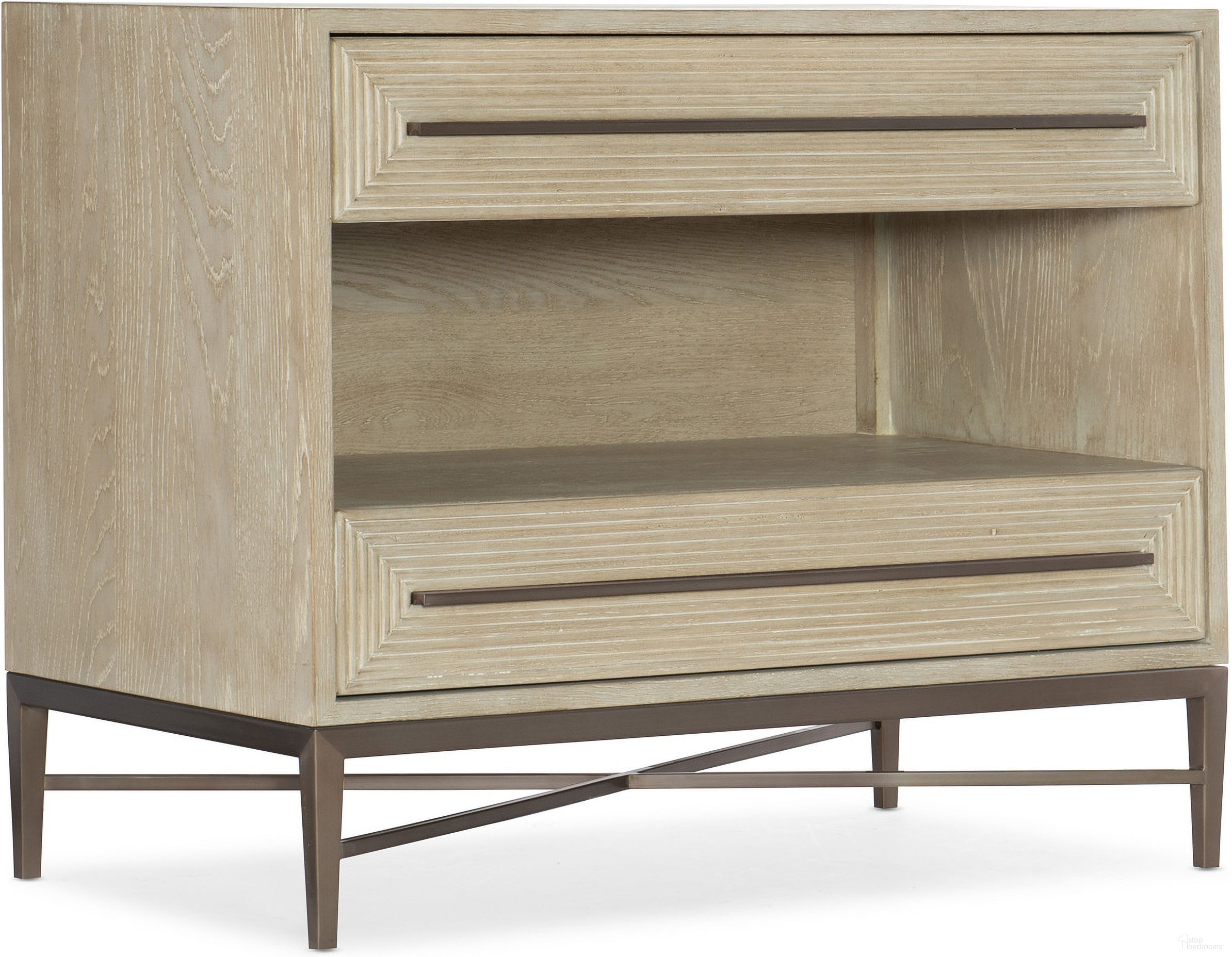 The appearance of Cascade Two-Drawer Nightstand designed by Hooker in the transitional interior design. This light wood piece of furniture was selected by 1StopBedrooms from Cascade Collection to add a touch of cosiness and style into your home. Sku: 6120-90016-80. Material: Oak Veneer.