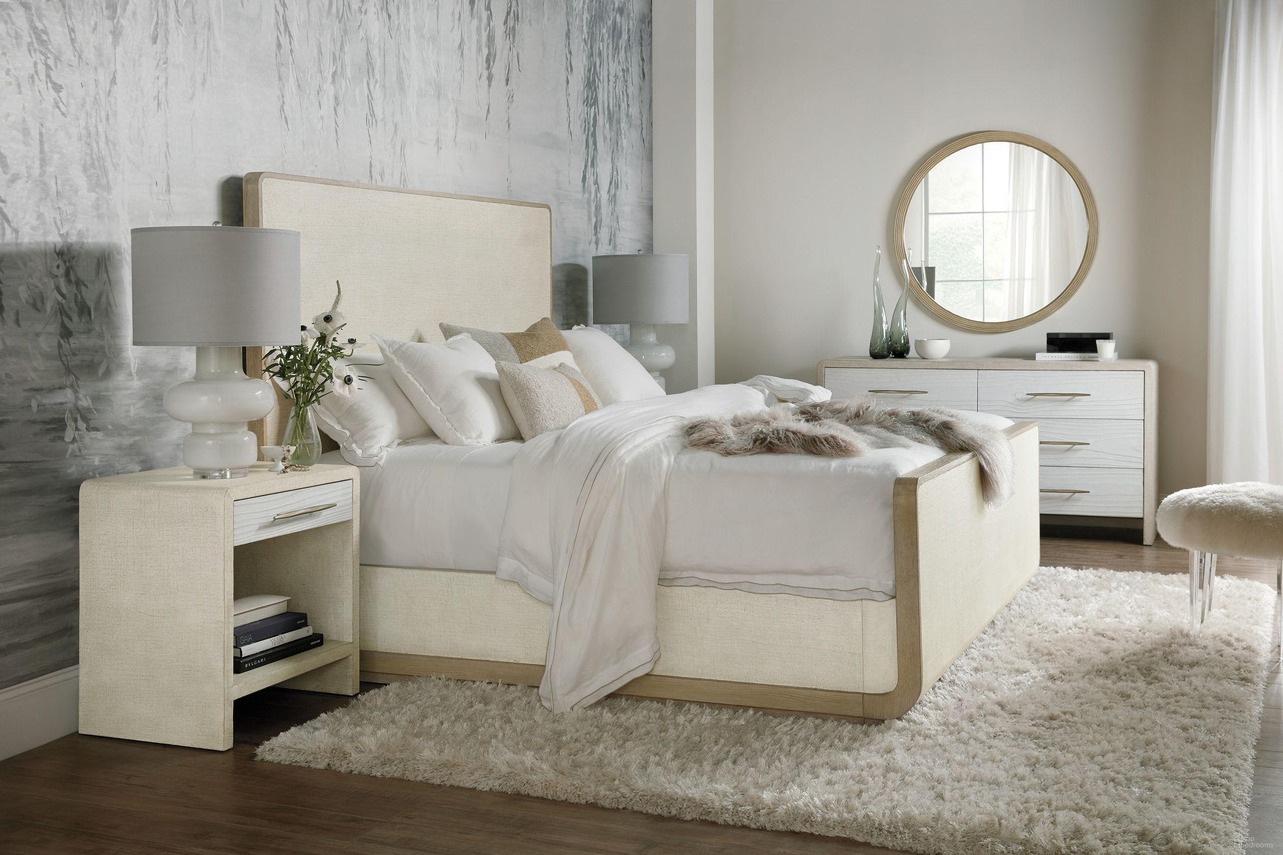 The appearance of Cascade Upholstered Bedroom Set In White designed by Hooker in the transitional interior design. This white piece of furniture  was selected by 1StopBedrooms from Cascade Collection to add a touch of cosiness and style into your home. Sku: 6120-90350-80;6120-90015-05. Material: Wood. Bed Size: Queen.