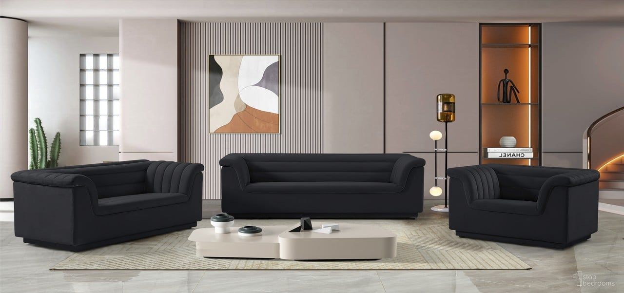 The appearance of Cascade Velvet Fabric Living Room Set In Black designed by Meridian in the modern / contemporary interior design. This black piece of furniture was selected by 1StopBedrooms from Cascade Collection to add a touch of cosiness and style into your home. Sku: 192Black-S;192Black-L. Material: Velvet.