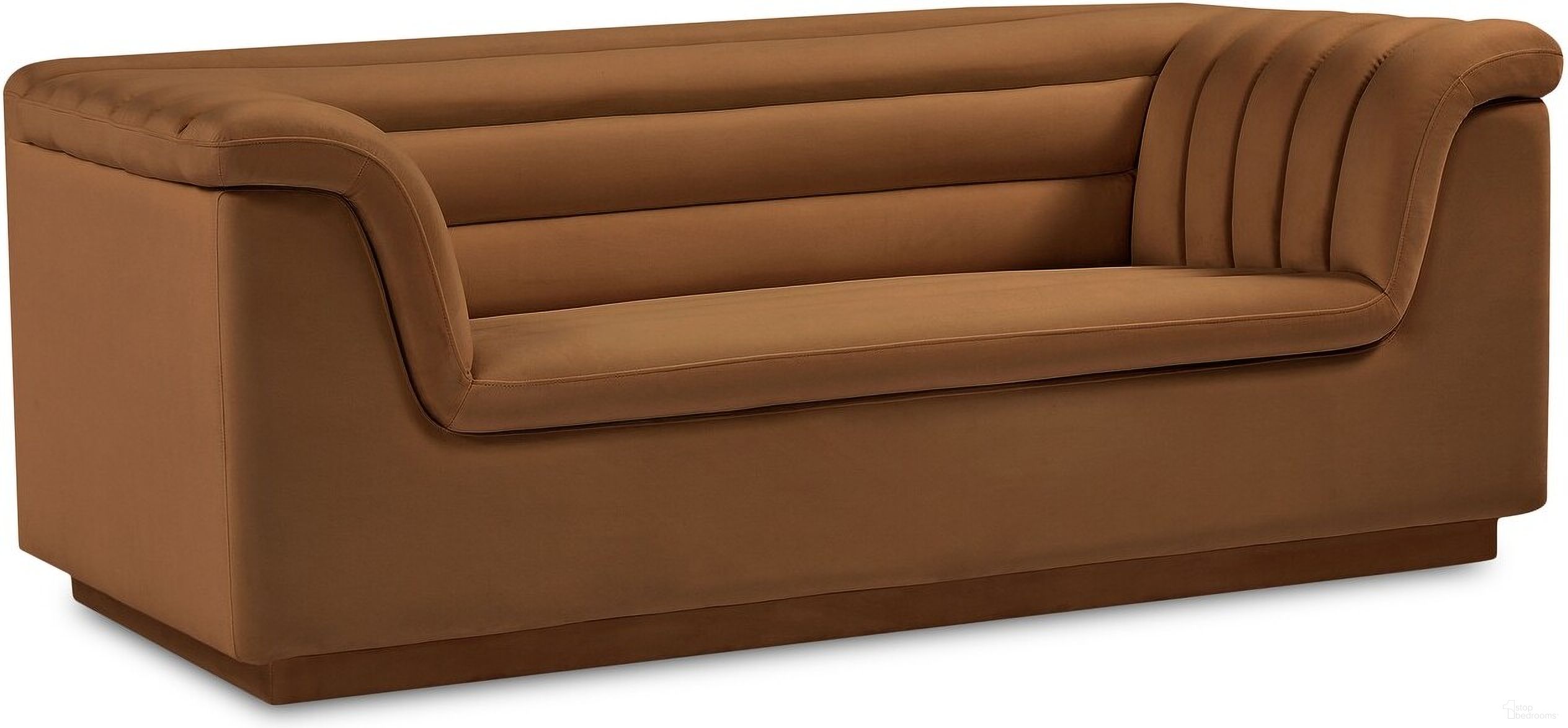The appearance of Cascade Velvet Fabric Loveseat In Saddle designed by Meridian in the modern / contemporary interior design. This saddle piece of furniture was selected by 1StopBedrooms from Cascade Collection to add a touch of cosiness and style into your home. Sku: 192Saddle-L. Material: Velvet.