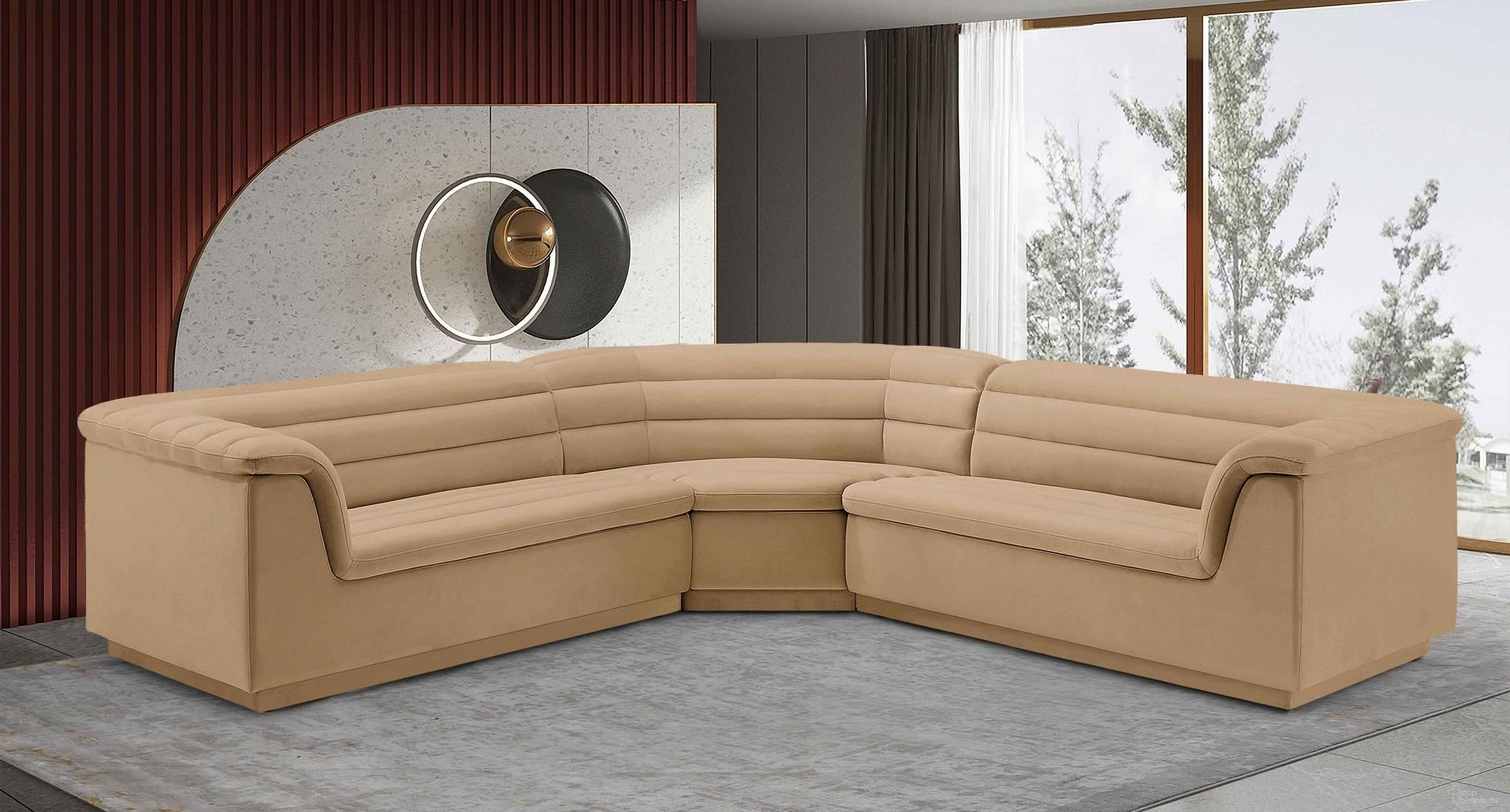The appearance of Cascade Velvet Fabric Modular Sectional In Camel designed by Meridian in the modern / contemporary interior design. This camel piece of furniture was selected by 1StopBedrooms from Cascade Collection to add a touch of cosiness and style into your home. Sku: 194Camel-Left;194Camel-Right;194Camel-Corner. Material: Velvet. Layout: Modular.