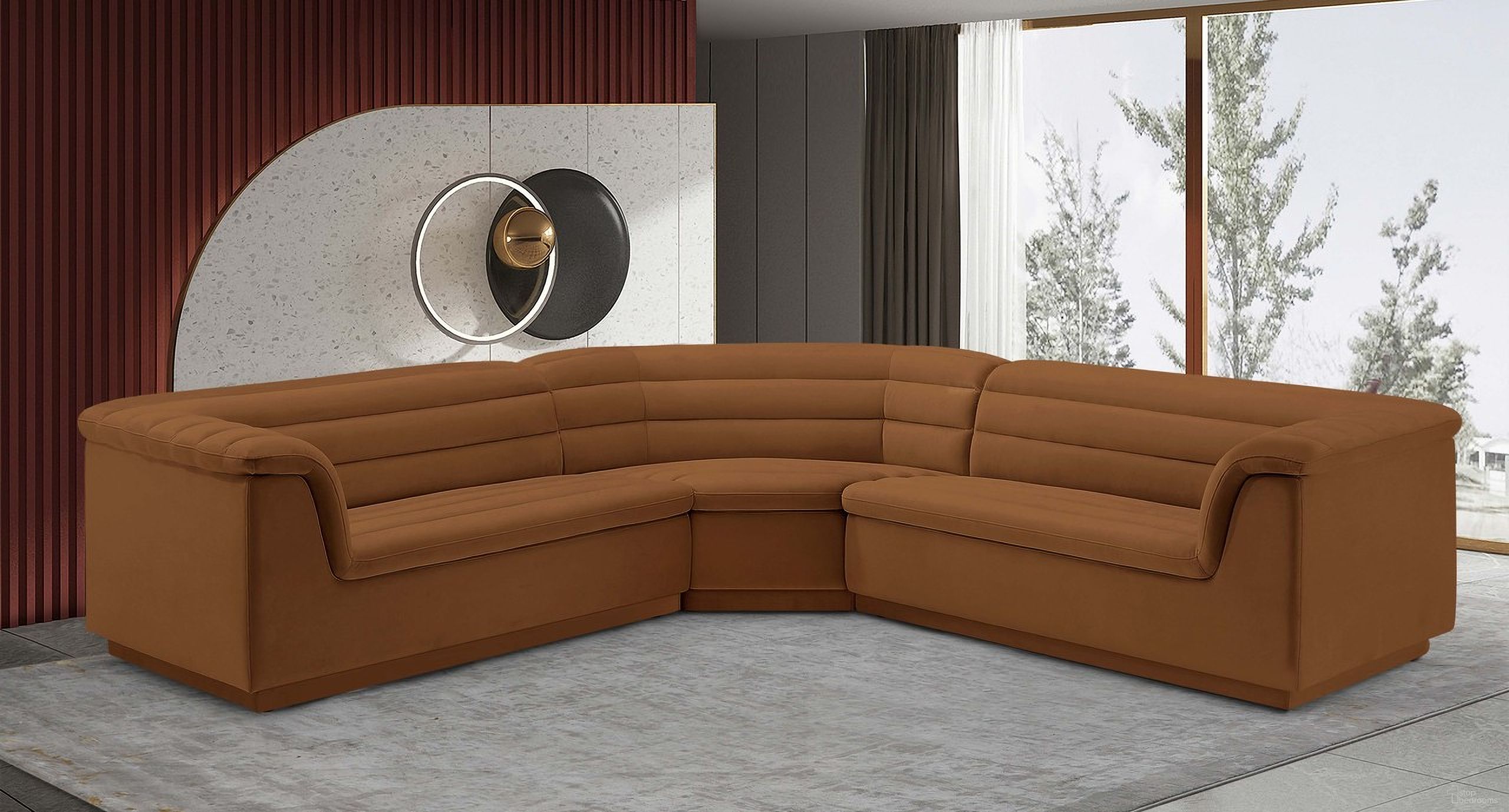 The appearance of Cascade Velvet Fabric Modular Sectional In Saddle designed by Meridian in the modern / contemporary interior design. This saddle piece of furniture was selected by 1StopBedrooms from Cascade Collection to add a touch of cosiness and style into your home. Sku: 194Saddle-Left;194Saddle-Right;194Saddle-Corner. Material: Velvet. Layout: Modular.