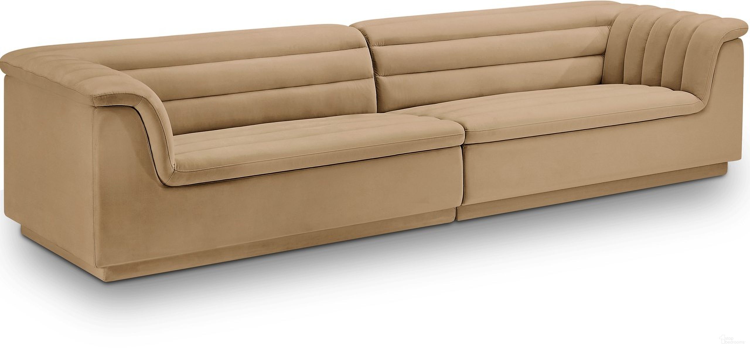 The appearance of Cascade Velvet Fabric Modular Sofa In Camel designed by Meridian in the modern / contemporary interior design. This camel piece of furniture was selected by 1StopBedrooms from Cascade Collection to add a touch of cosiness and style into your home. Sku: 194Camel-Left;194Camel-Right. Material: Velvet.