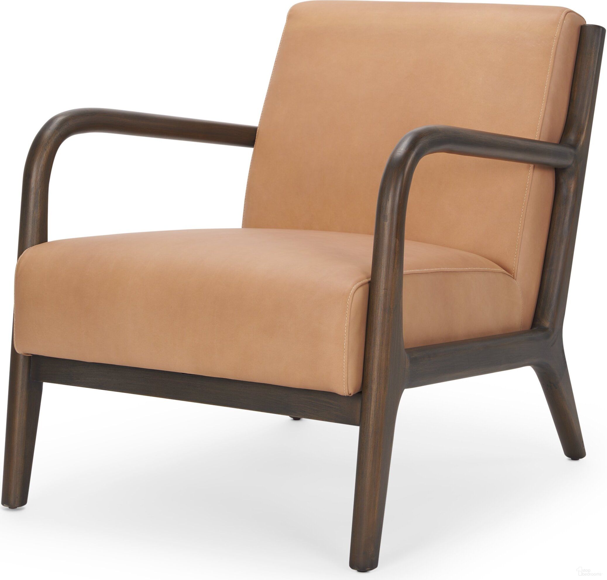 The appearance of Cashel Accent Chair In Dark Brown Wood and Tan Genuine Leather designed by Mercana in the modern / contemporary interior design. This dark brown piece of furniture  was selected by 1StopBedrooms from Cashel Collection to add a touch of cosiness and style into your home. Sku: 70416. Material: Solid Wood.