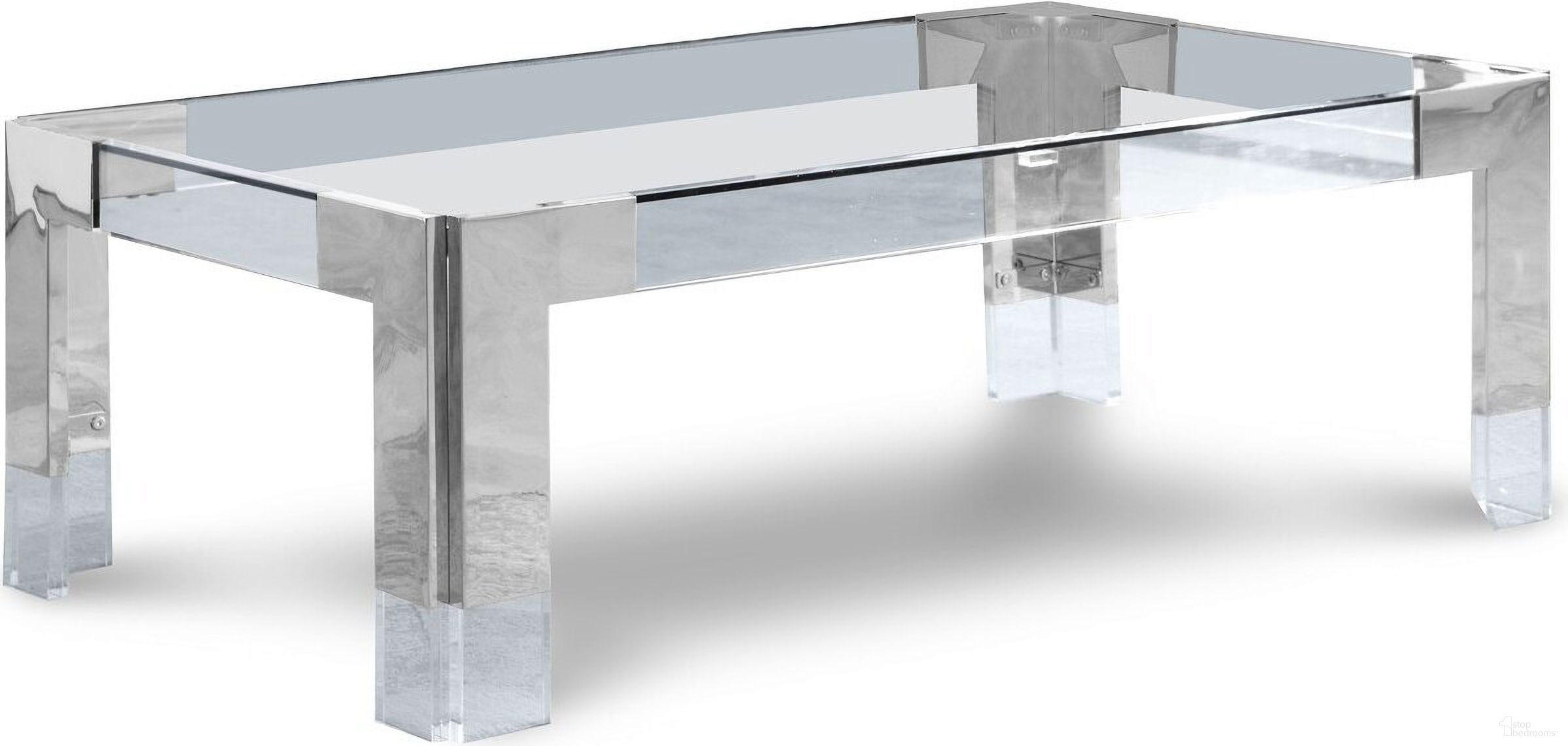 The appearance of Casper Rectangular Coffee Table In Chrome designed by Meridian in the modern / contemporary interior design. This chrome piece of furniture  was selected by 1StopBedrooms from Casper Collection to add a touch of cosiness and style into your home. Sku: 203-CT Box 1/2 (Glass Top);203-CT Box 2/2 (Base). Material: Stainless Steel.