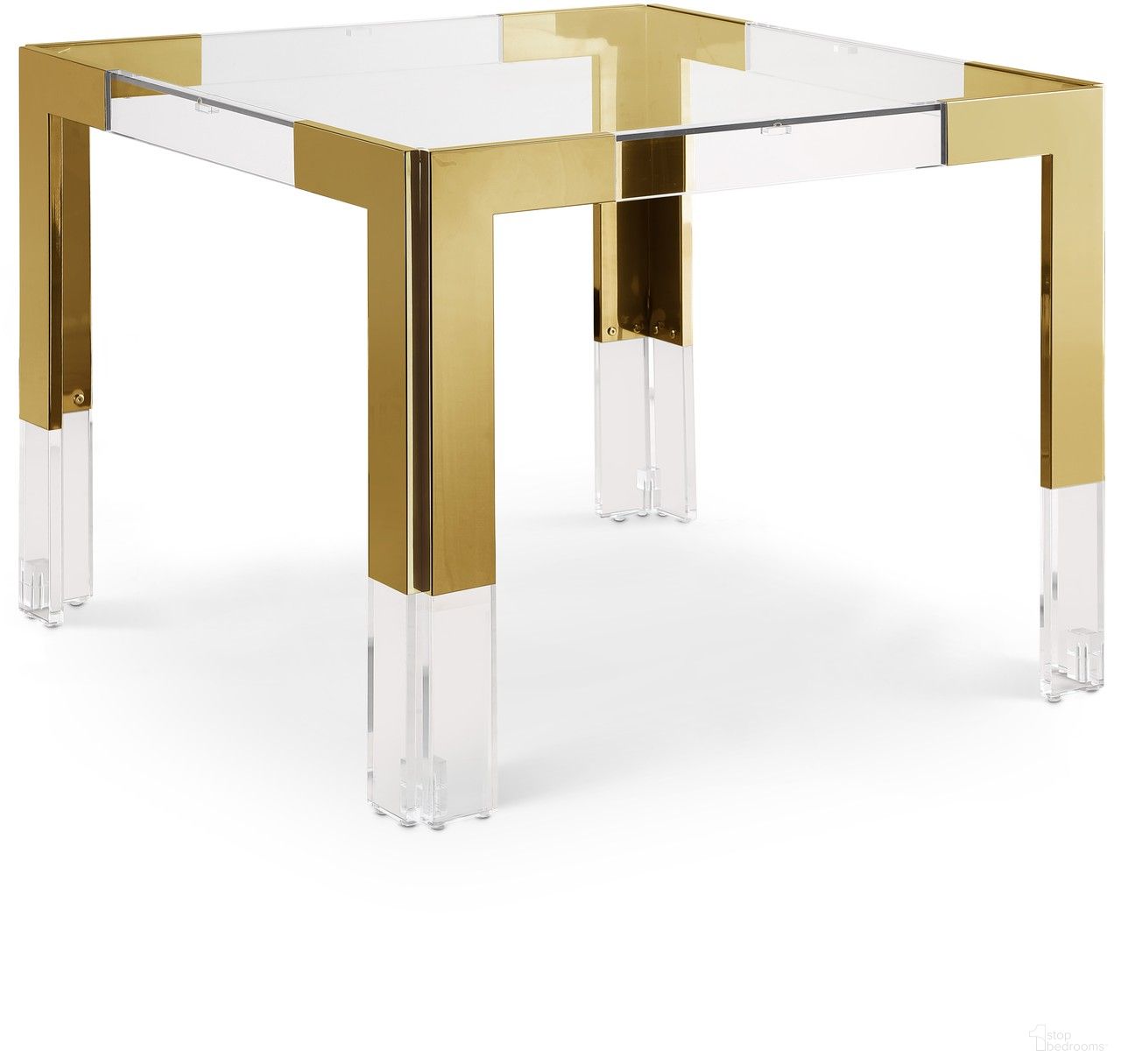 The appearance of Casper Dining Table In Gold designed by Meridian in the modern / contemporary interior design. This gold piece of furniture  was selected by 1StopBedrooms from Casper Collection to add a touch of cosiness and style into your home. Sku: 718-T Box 1/2 (Glass Top);718-T Box 2/2 (Legs). Table Base Style: Legs. Table Top Shape: Square. Material: Stainless Steel. Size: 38" x 38".