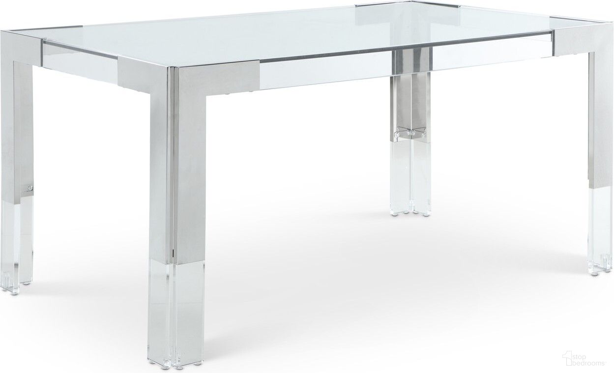 The appearance of Casper Dining Table In Rich Chrome designed by Meridian in the modern / contemporary interior design. This chrome piece of furniture  was selected by 1StopBedrooms from Casper Collection to add a touch of cosiness and style into your home. Sku: 717-T Box 1/2 (Glass Top);717-T Box 2/2 (Base). Table Base Style: Legs. Table Top Shape: Rectangular. Material: Stainless Steel. Size: 36" x 60".