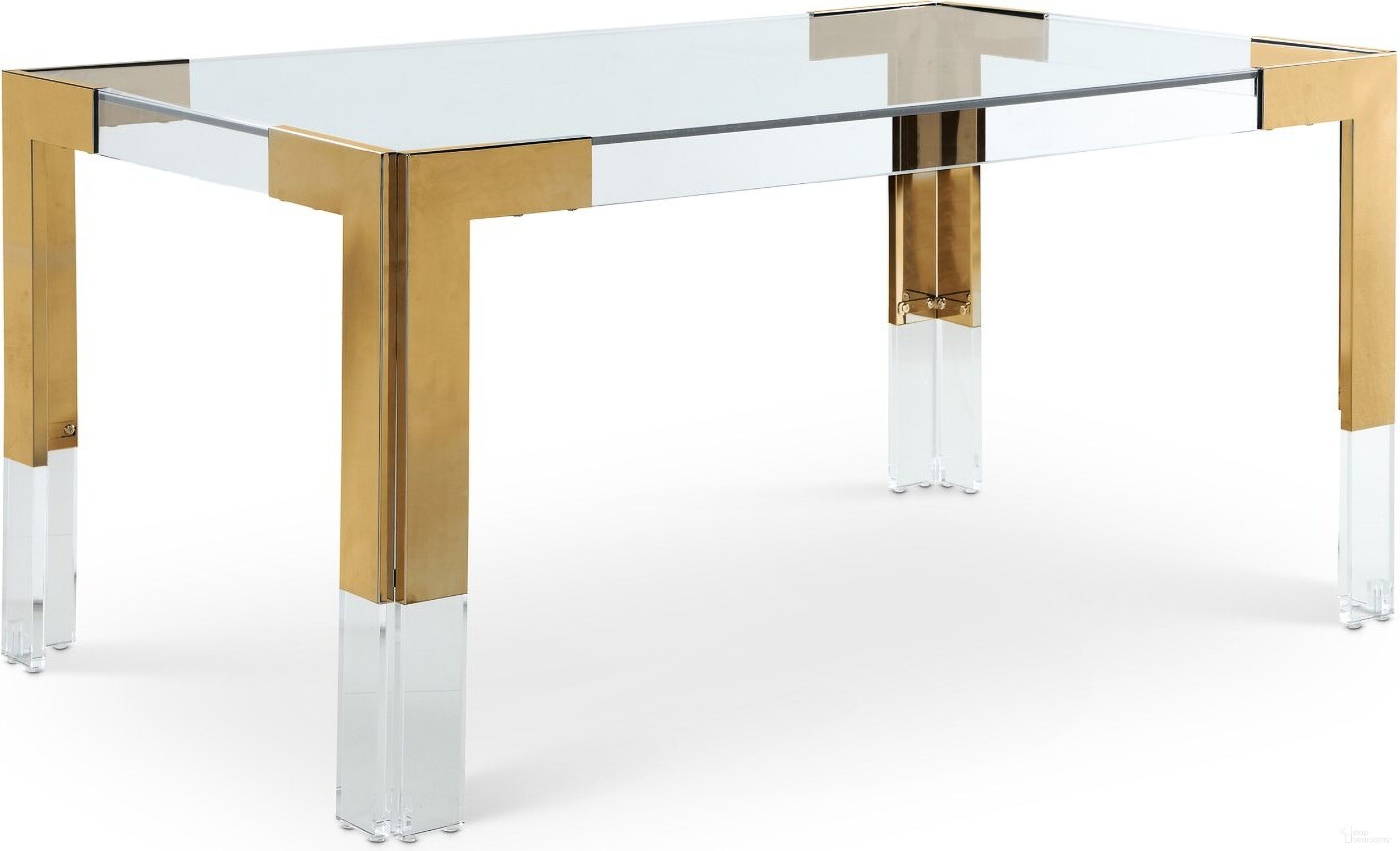 The appearance of Casper Dining Table In Rich Gold designed by Meridian in the modern / contemporary interior design. This gold piece of furniture  was selected by 1StopBedrooms from Casper Collection to add a touch of cosiness and style into your home. Sku: 715-T Box 1/2 (Glass Top);715-T Box 2/2 (Base). Table Base Style: Legs. Table Top Shape: Rectangular. Material: Stainless Steel. Size: 36" x 60".