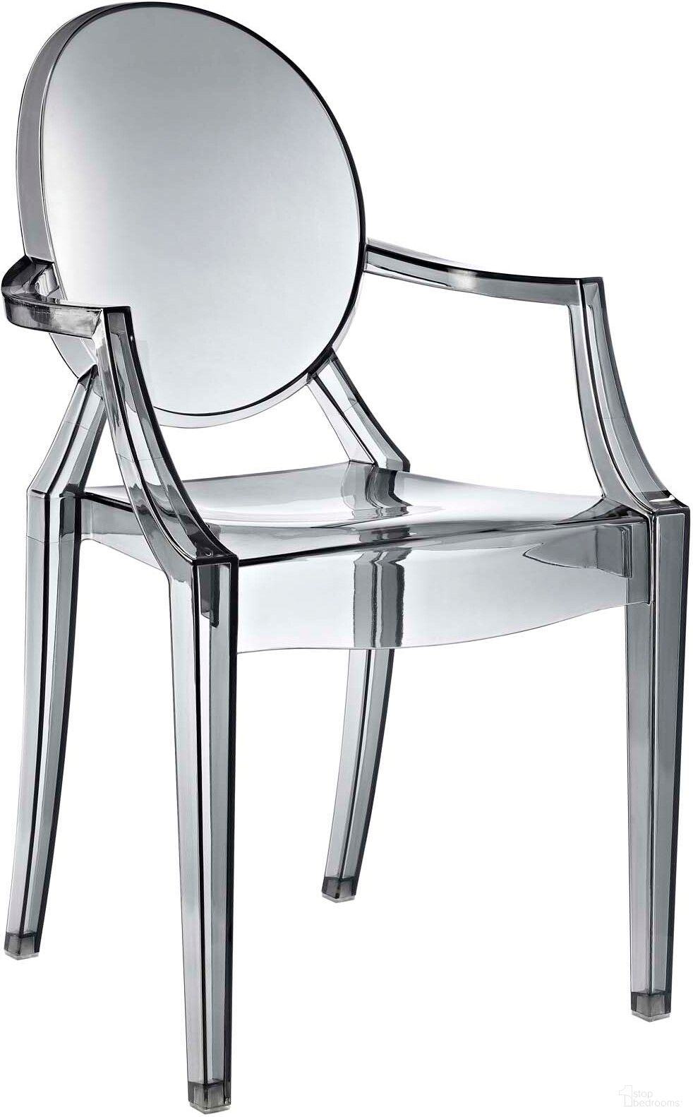 The appearance of Casper Smoke Outdoor Dining Arm Chair designed by Modway in the modern / contemporary interior design. This smoke piece of furniture  was selected by 1StopBedrooms from Casper Collection to add a touch of cosiness and style into your home. Sku: EEI-121-SMK. Material: PVC.