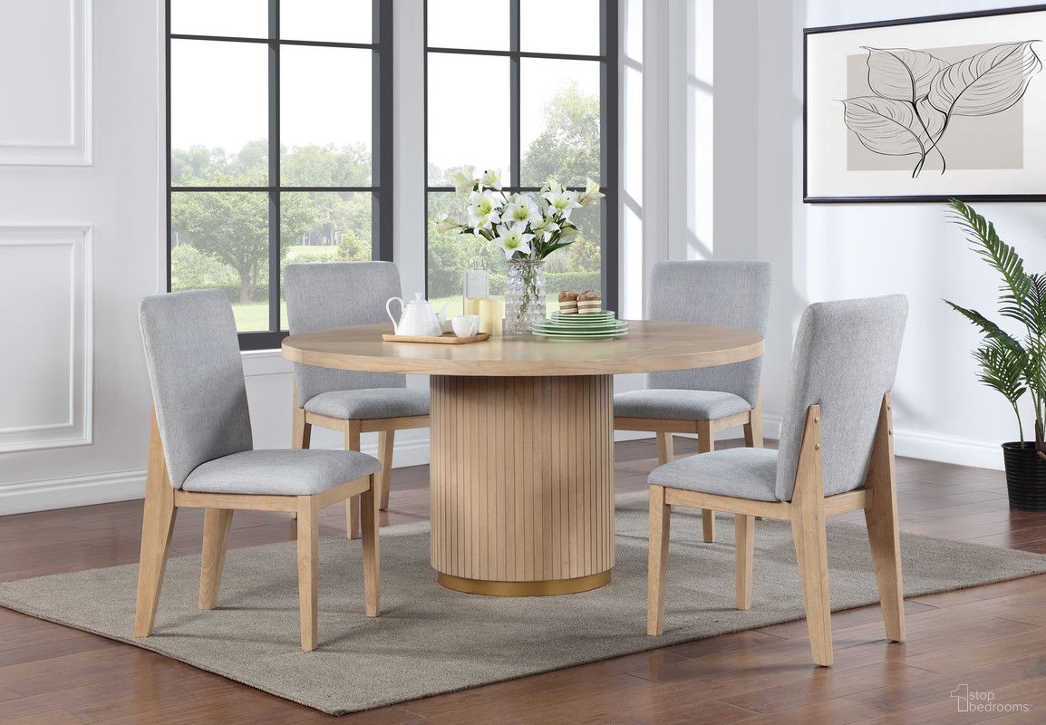 The appearance of Caspian 5 Piece 59 Inch Round Dining Table Set with Gray Chairs In Oak designed by Lilola Home in the modern / contemporary interior design. This oak and gray piece of furniture  was selected by 1StopBedrooms from Caspian Collection to add a touch of cosiness and style into your home. Sku: 30030-TOP;30030-BASE;30030-C;30030-C. Table Base Style: Pedestal. Table Top Shape: Round. Material: Wood.