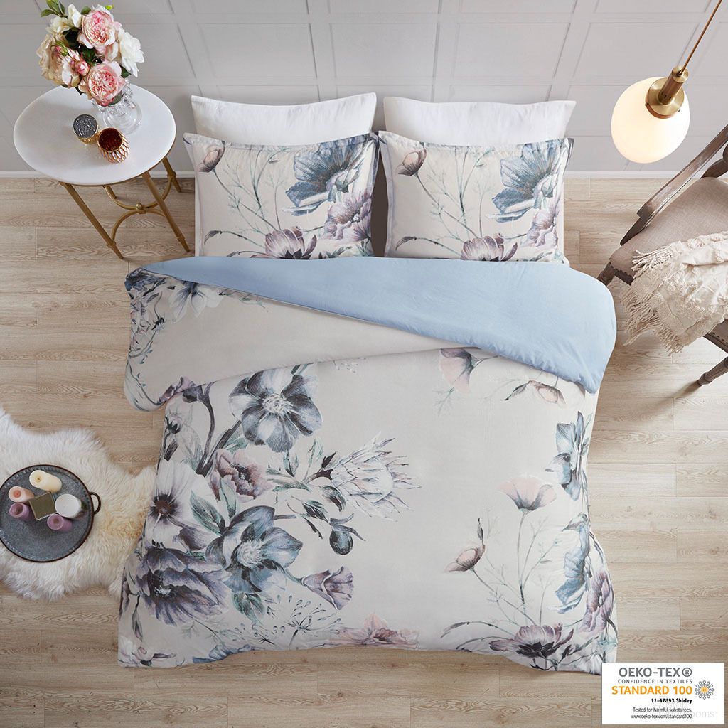 The appearance of Cassandra 3 Piece Cotton Printed Duvet Full/Queen Cover Set In Blue designed by Olliix in the modern / contemporary interior design. This blue piece of furniture was selected by 1StopBedrooms from Cassandra Collection to add a touch of cosiness and style into your home. Sku: MP12-7837. Bed Size: Full. Material: Cotton.