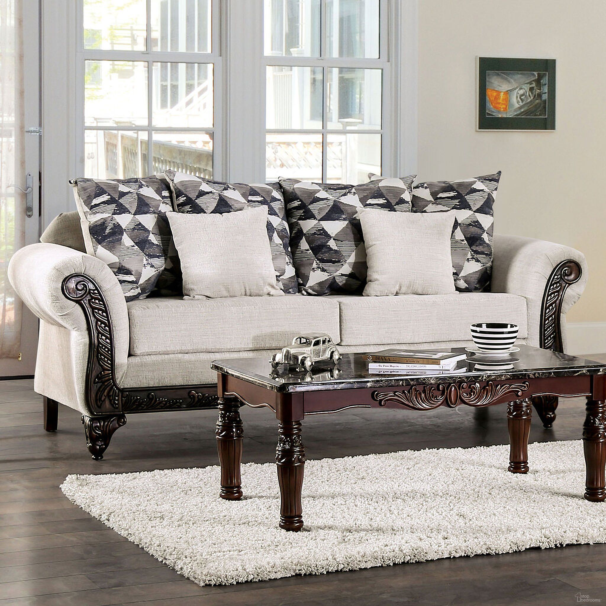 The appearance of Cassani Sofa In Light Gray and Walnut designed by Furniture of America in the traditional interior design. This walnut and light gray piece of furniture was selected by 1StopBedrooms from Cassani Collection to add a touch of cosiness and style into your home. Sku: SM7756-SF. Material: Chenille.