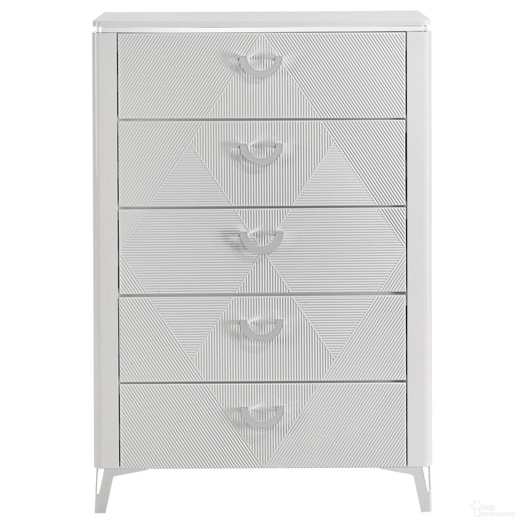 The appearance of Cassia 5-Drawer Bedroom Chest of Drawers In White High Gloss designed by Coaster in the modern / contemporary interior design. This white high gloss piece of furniture was selected by 1StopBedrooms from Cassia Collection to add a touch of cosiness and style into your home. Sku: 215795. Material: MDF.