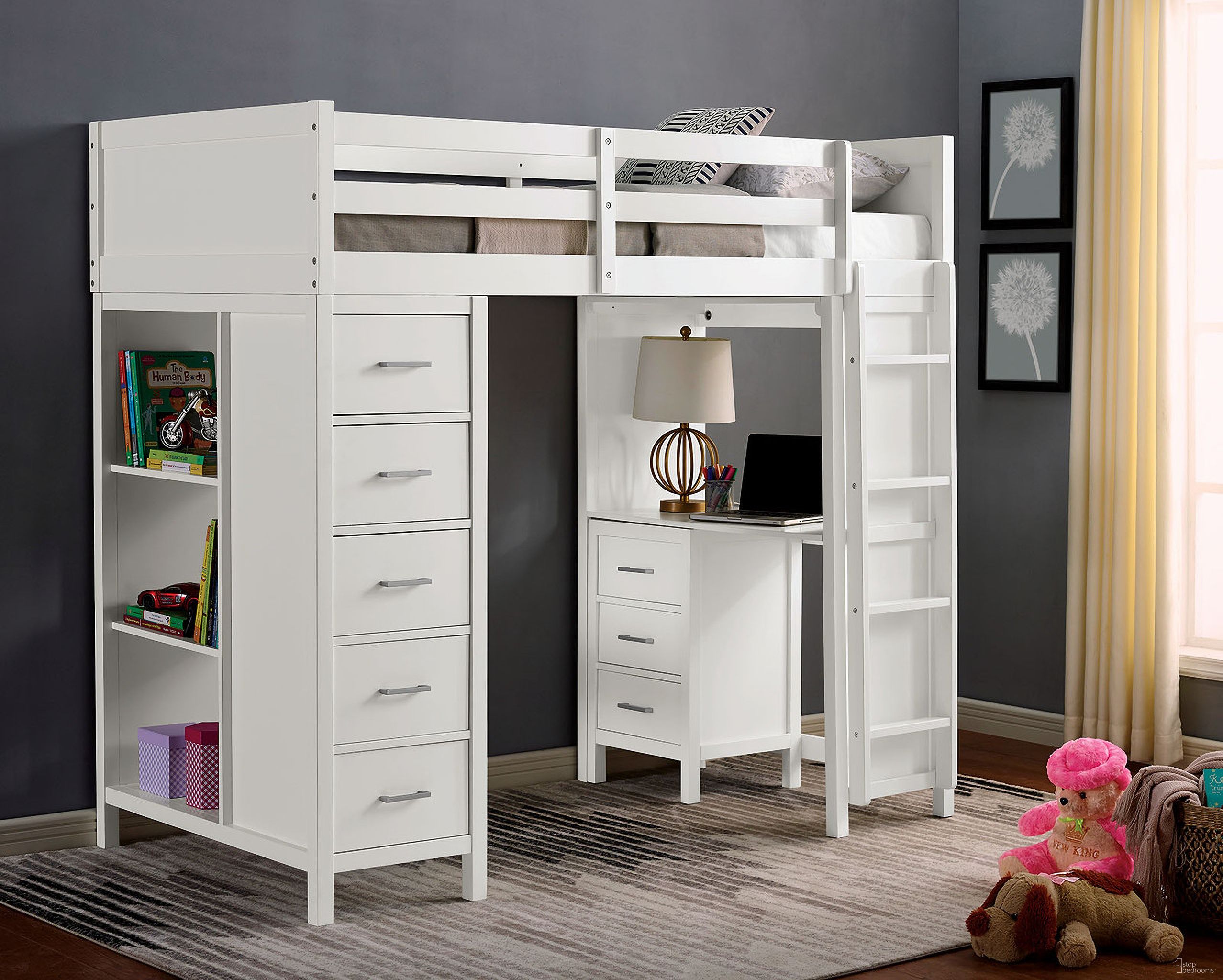 The appearance of Cassidy Twin Loft Bed With Drawers In White designed by Furniture of America in the transitional interior design. This white piece of furniture was selected by 1StopBedrooms from Cassidy Collection to add a touch of cosiness and style into your home. Sku: CM-BK970-1;CM-BK970-2;CM-BK970-3;CM-BK970-4;CM-BK970-5. Material: Wood. Bed Size: Twin. Bed Type: Loft Bed.