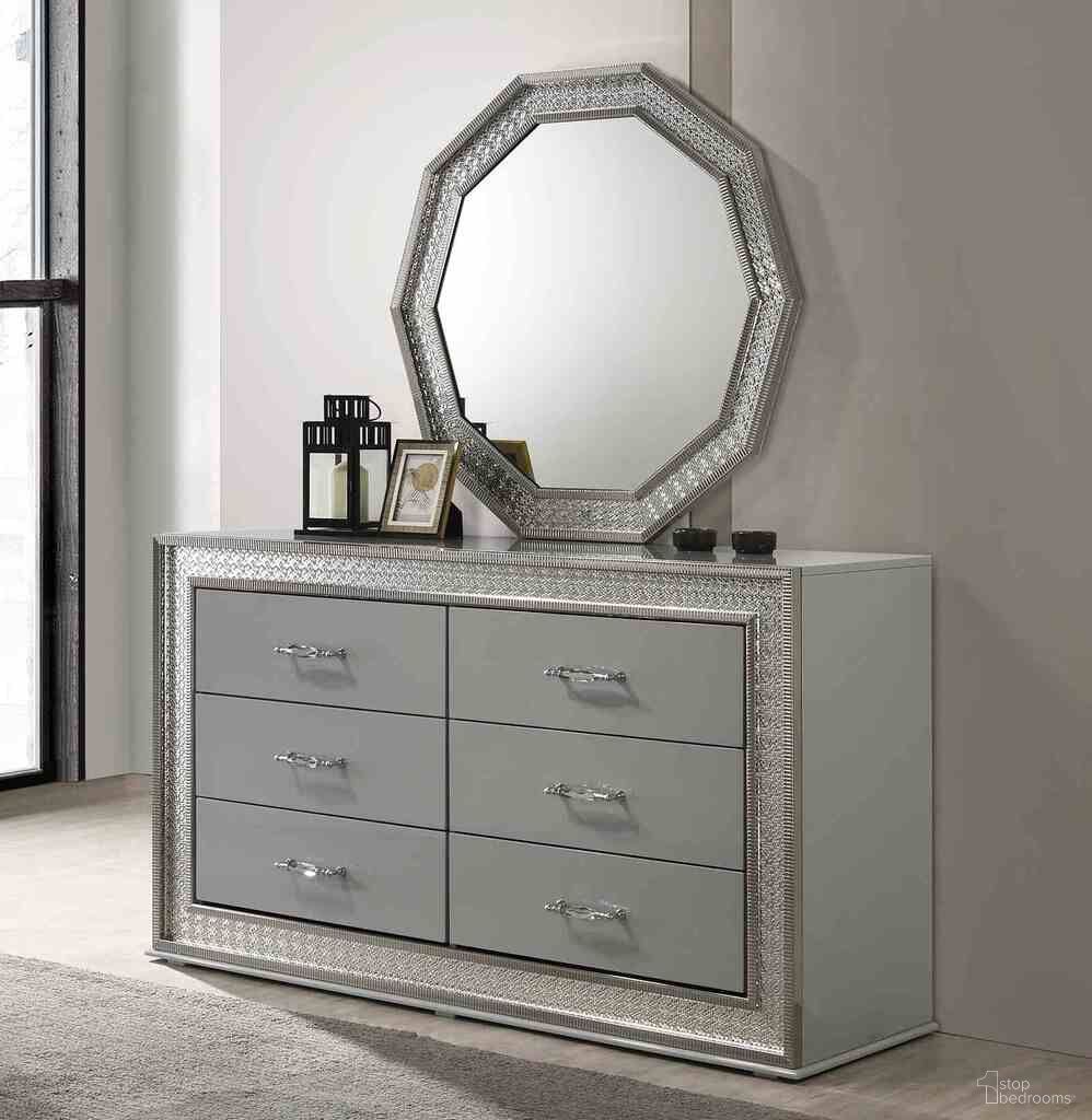 The appearance of Cassiopeia Dresser In Metallic Gray designed by Furniture of America in the glam interior design. This metallic gray piece of furniture  was selected by 1StopBedrooms from Cassiopeia Collection to add a touch of cosiness and style into your home. Sku: FM7253GY-D. Material: Engineered Wood.