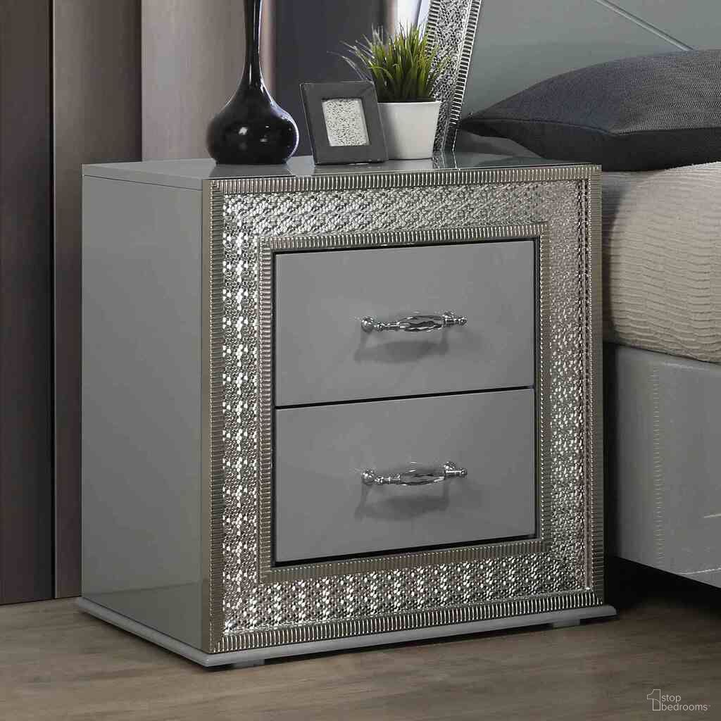 The appearance of Cassiopeia Nightstand In Metallic Gray designed by Furniture of America in the glam interior design. This metallic gray piece of furniture was selected by 1StopBedrooms from Cassiopeia Collection to add a touch of cosiness and style into your home. Sku: FM7253GY-N. Material: Engineered Wood.